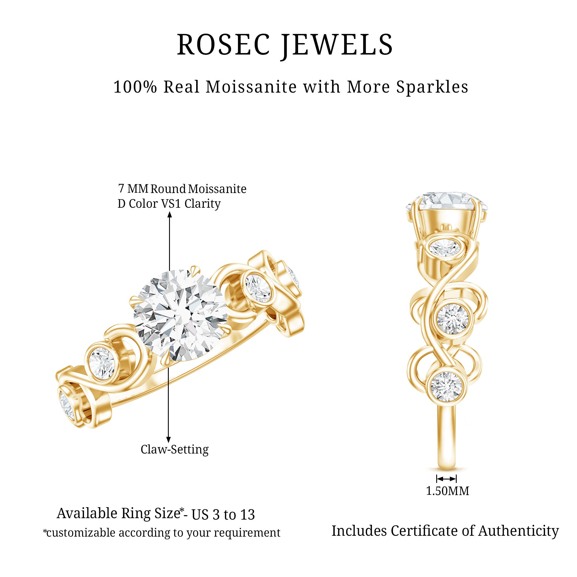 Certified Moissanite Engagement Ring with Ivy Scroll Shank D-VS1 - Rosec Jewels