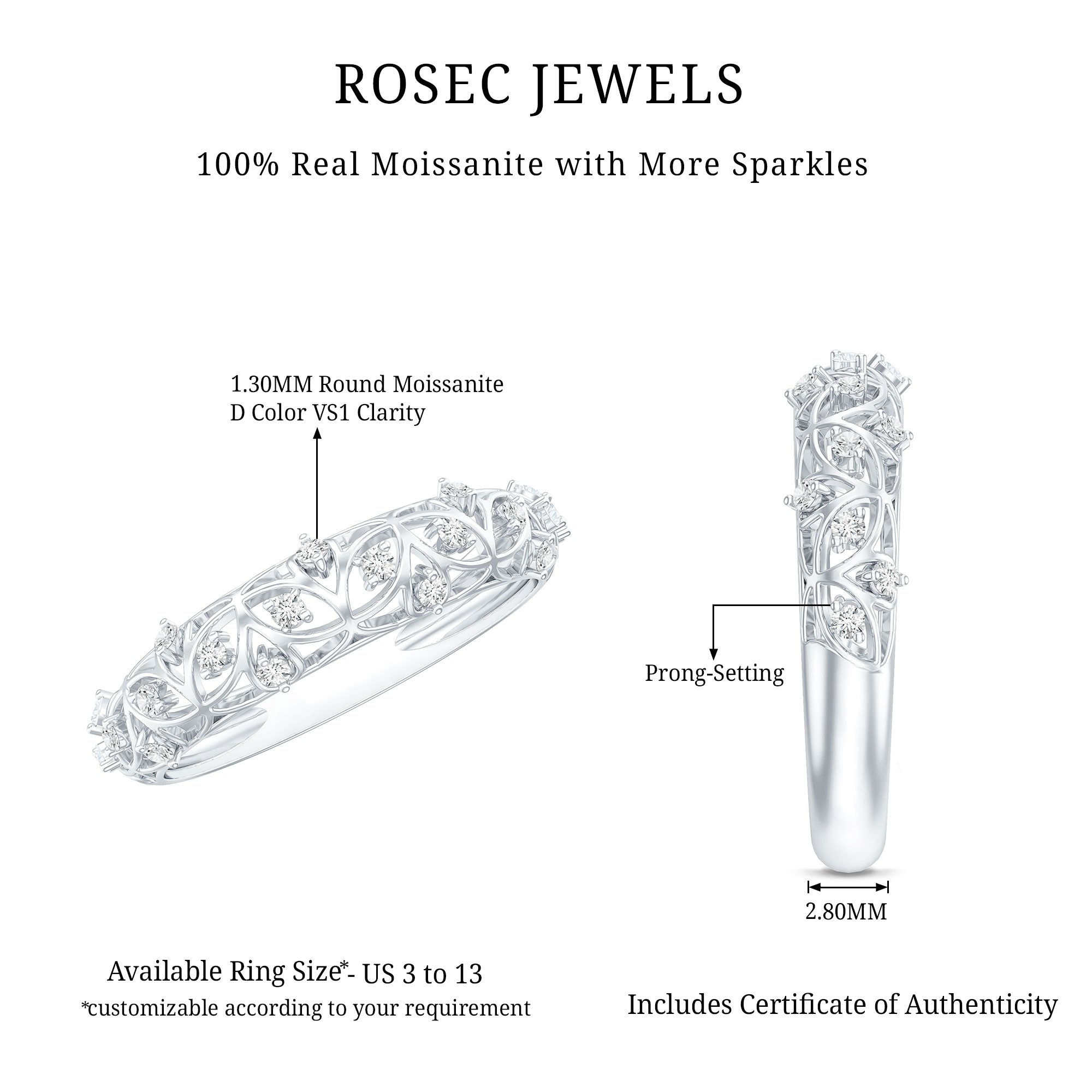 Womens Moissanite Filigree Eternity Band Ring D-VS1 - Rosec Jewels