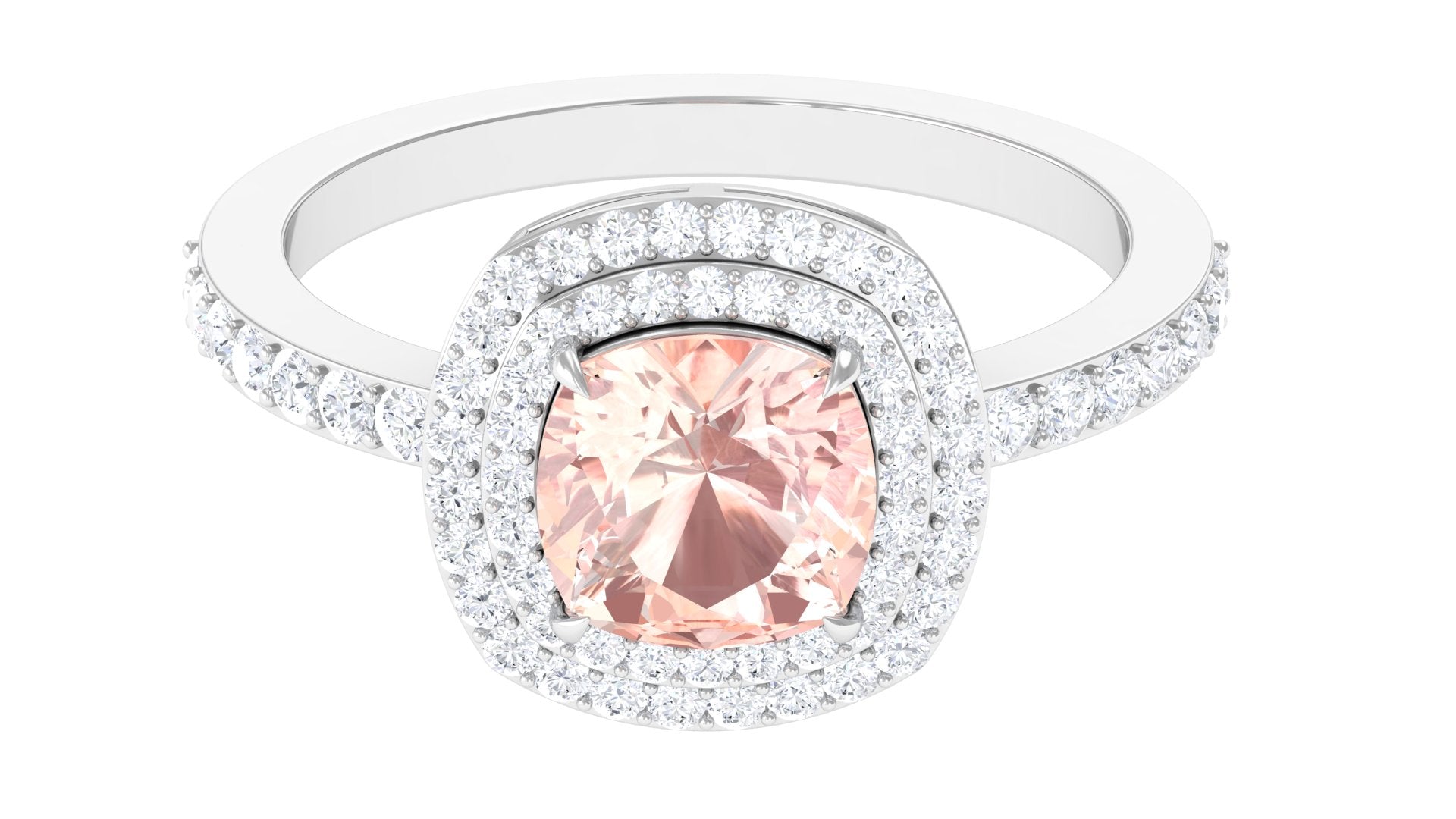 Cushion Cut Morganite Double Halo Engagement Ring with Moissanite