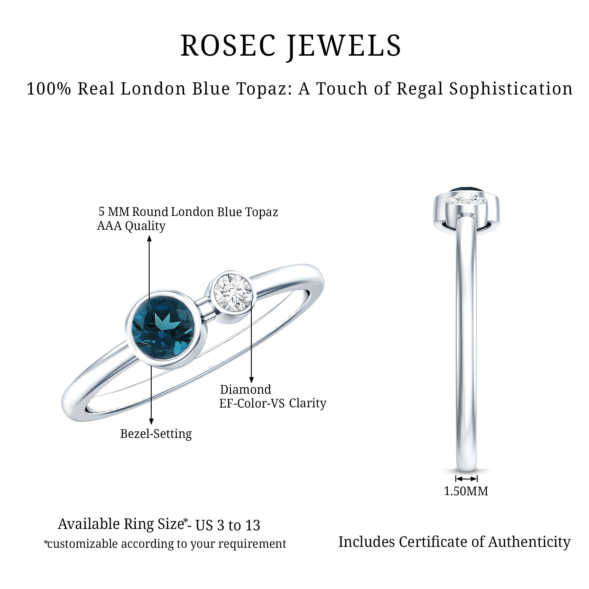 Round London Blue Topaz and Lab Diamond Two Stone Promise Ring For Her AAA - Rosec Jewels
