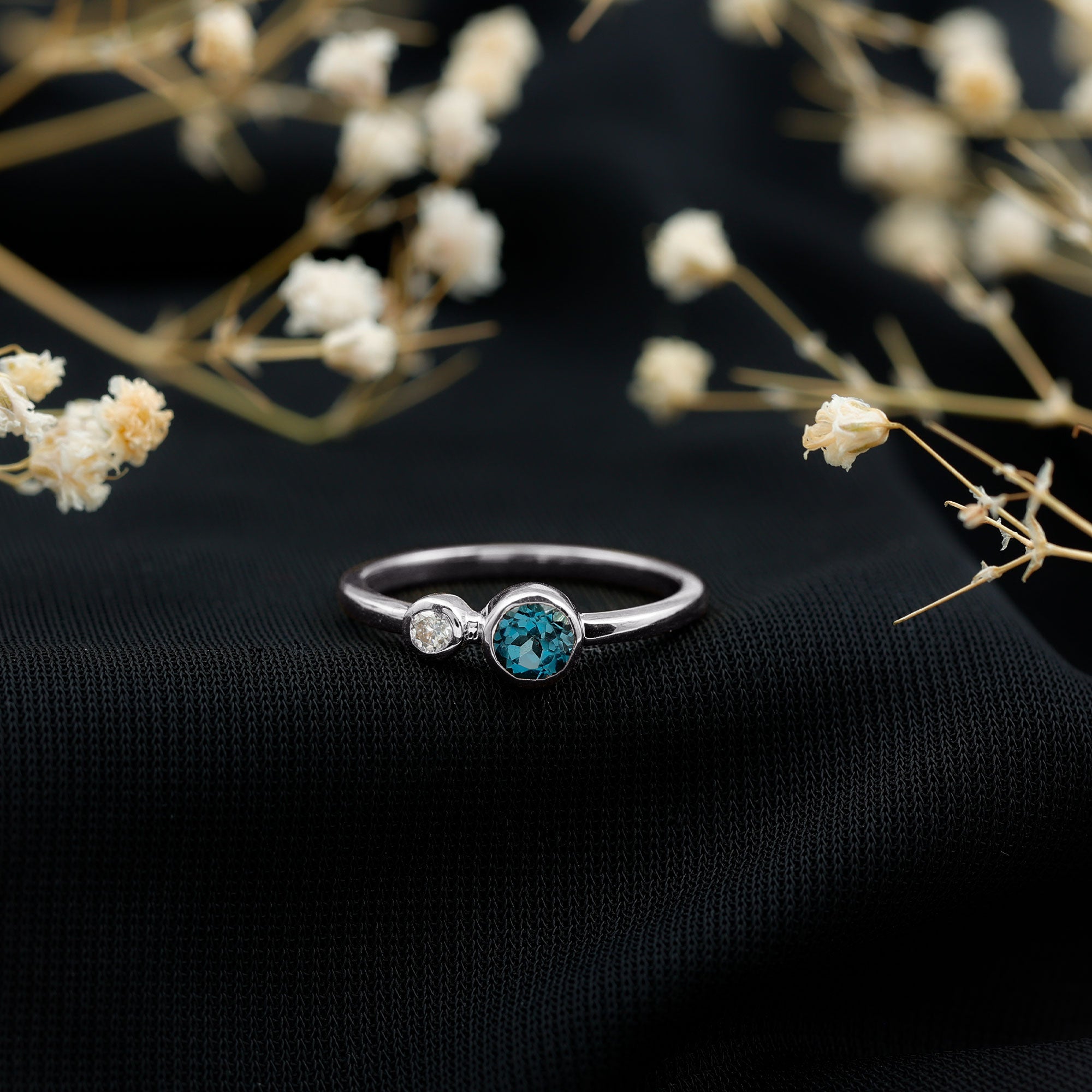 Round London Blue Topaz and Lab Diamond Two Stone Promise Ring For Her AAA - Rosec Jewels