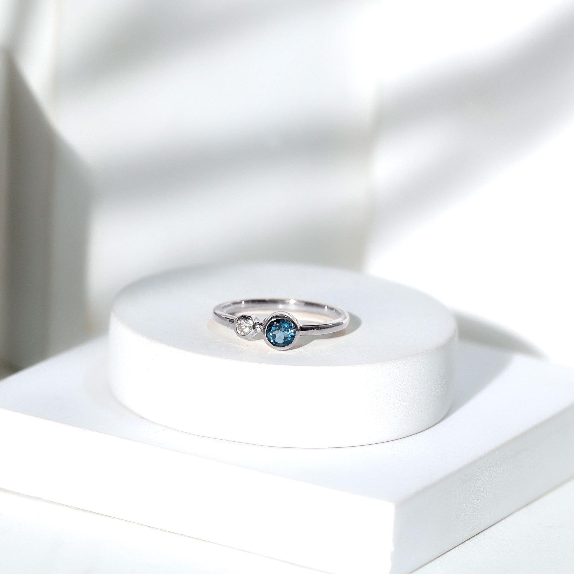 Round London Blue Topaz and Lab Diamond Two Stone Promise Ring For Her AAA - Rosec Jewels