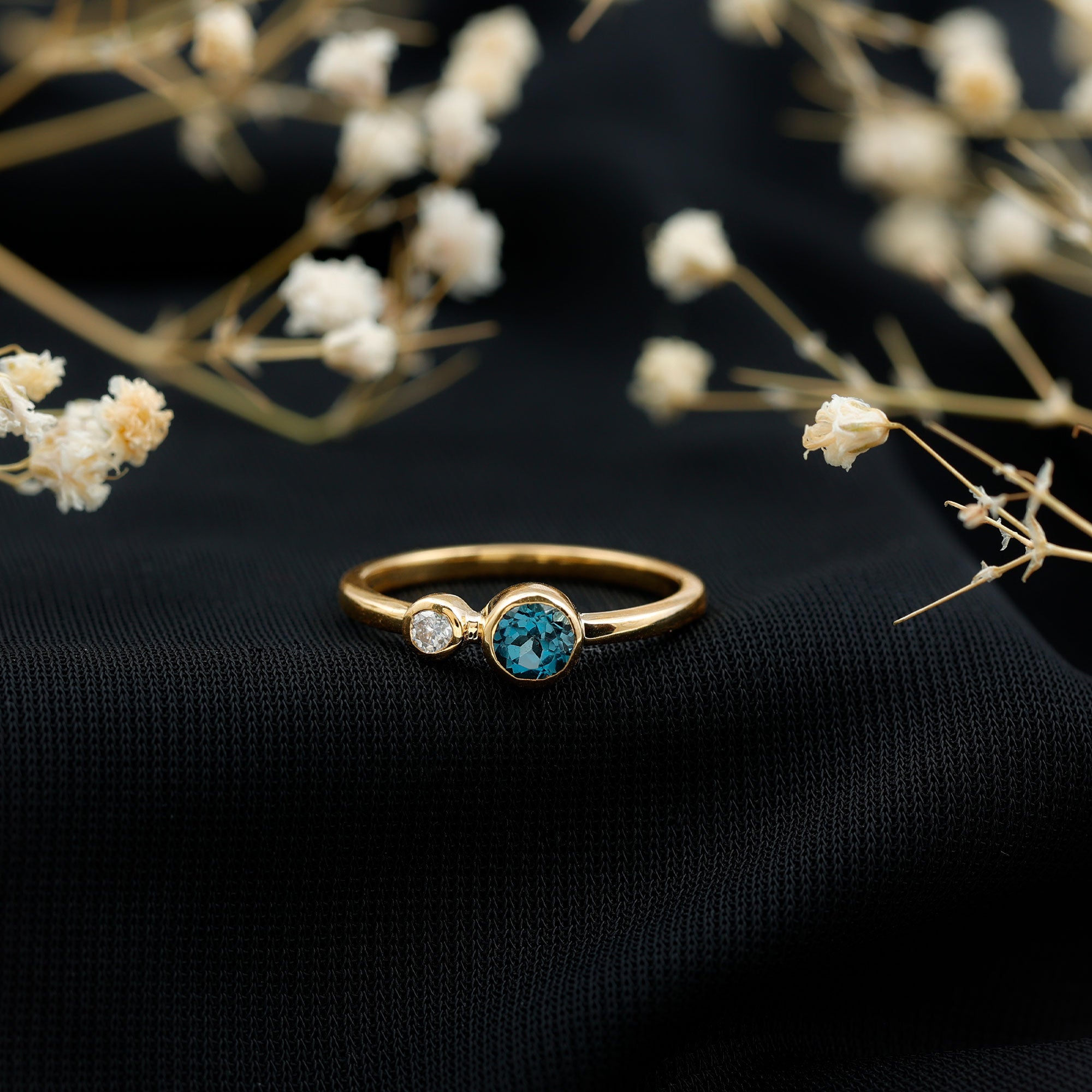 Round London Blue Topaz and Lab Diamond Two Stone Promise Ring For Her AAA - Rosec Jewels
