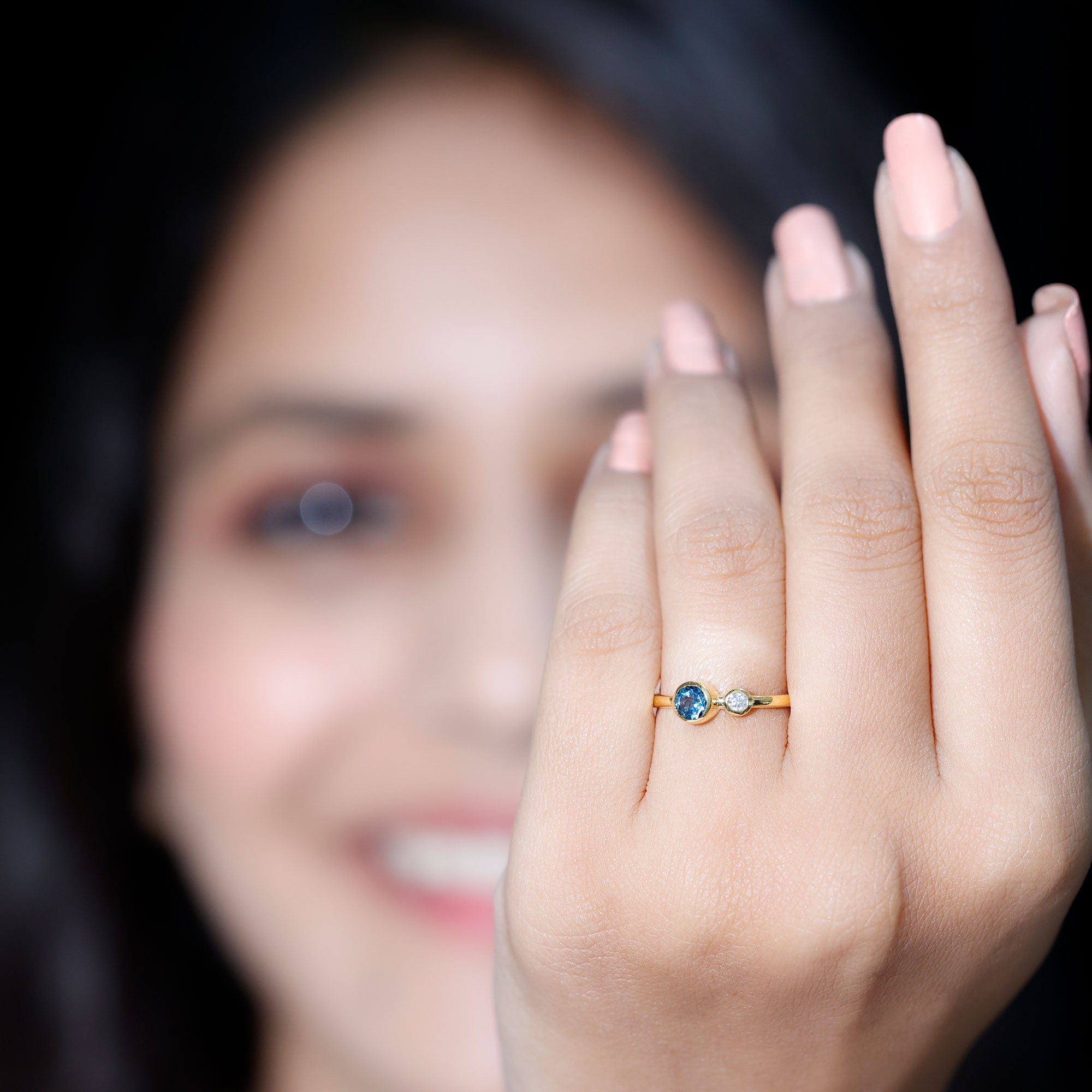Round London Blue Topaz and Lab Diamond Two Stone Promise Ring For Her AAA - Rosec Jewels