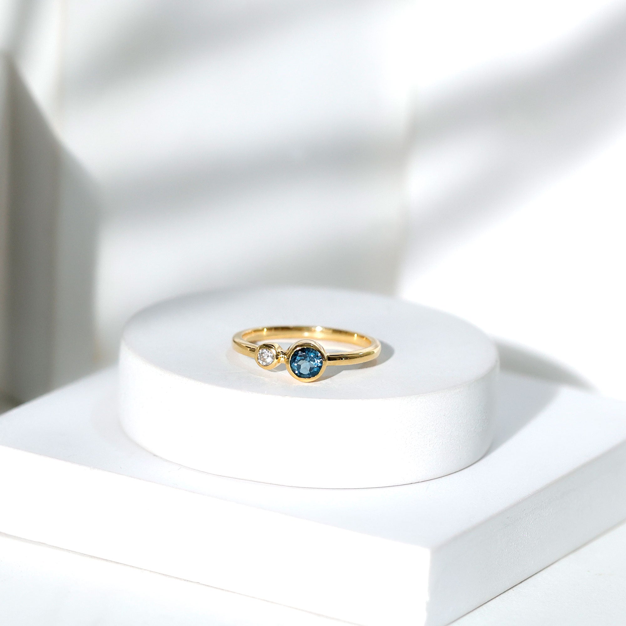 Round London Blue Topaz and Lab Diamond Two Stone Promise Ring For Her AAA - Rosec Jewels