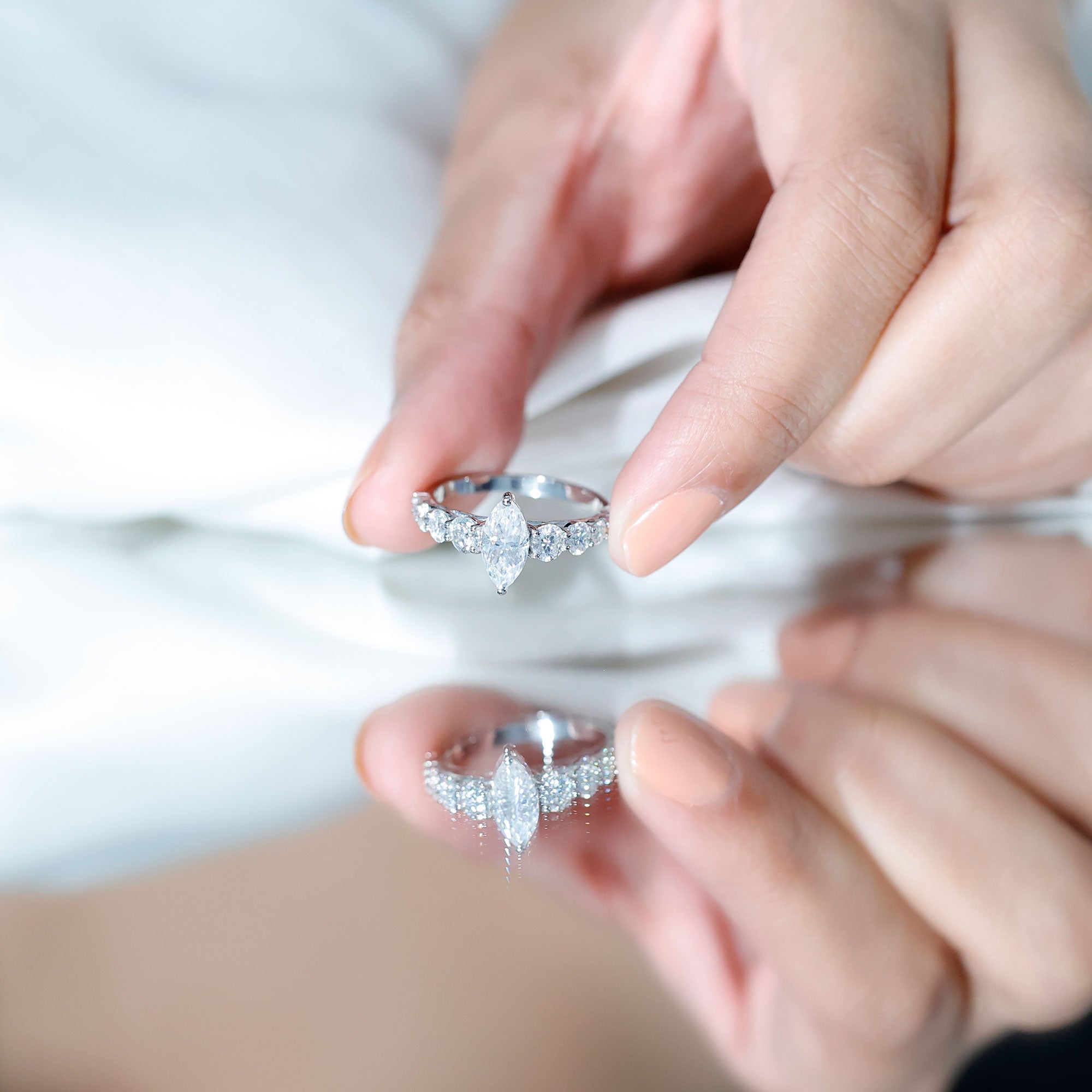 Rosec Jewels-Marquise Cut Moissanite Engagement Ring with Side Stones