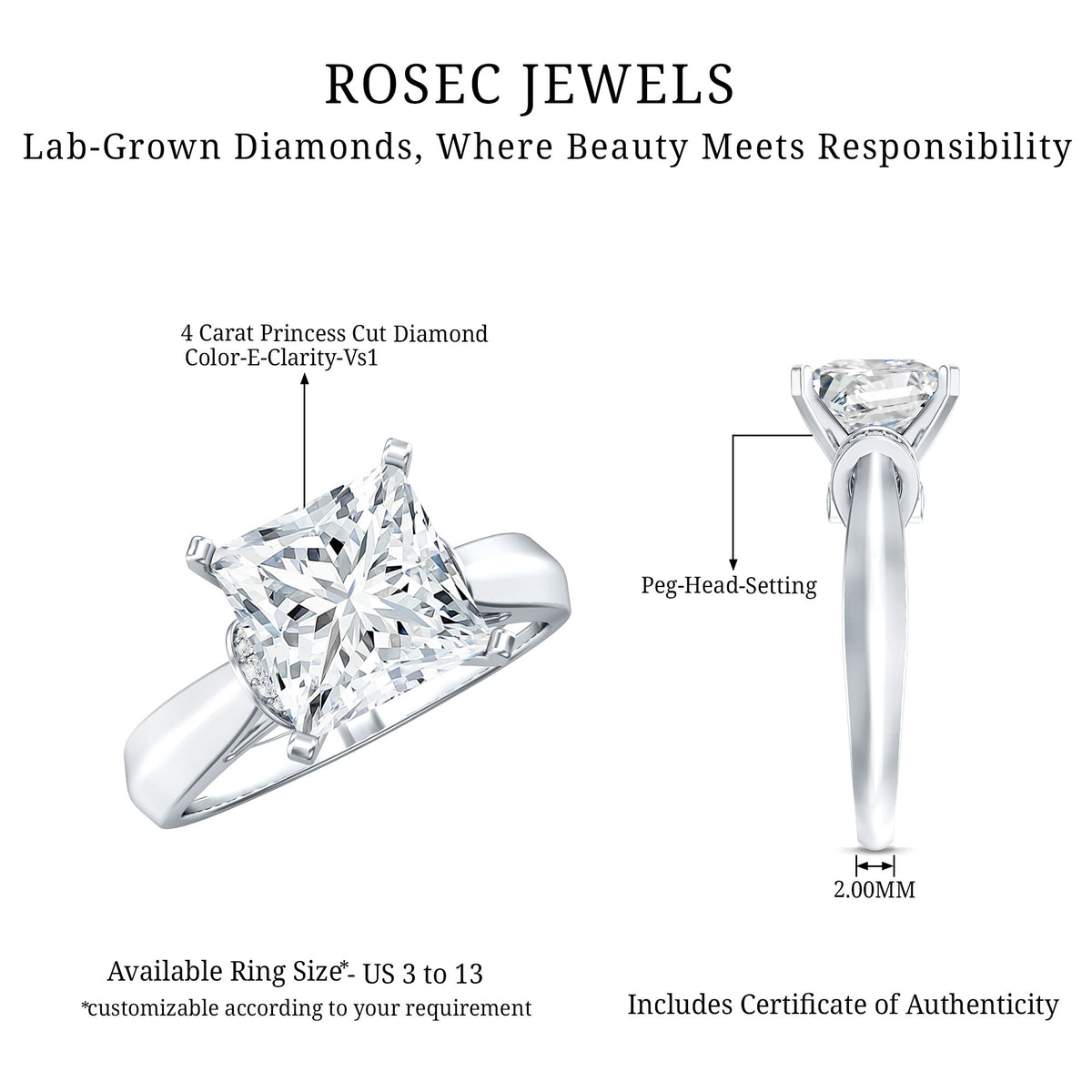 Rosec Jewels-4 Carat Princess Cut Lab Grown Diamond Solitaire Engagement Ring IGI Certified