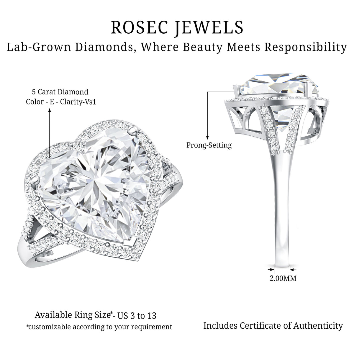 IGI Graded 5 Carat Heart Shape Lab Grown Diamond Cocktail Ring Lab - ( E-VS1 ) - Rosec Jewels