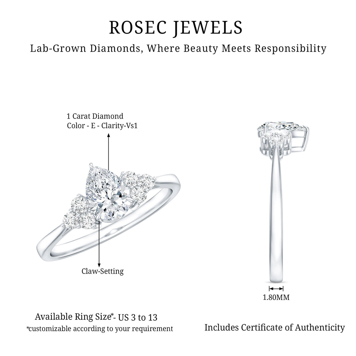1 Carat Lab Grown Pear Diamond Engagement Ring IGI Certified Lab - ( E-VS1 ) - Rosec Jewels