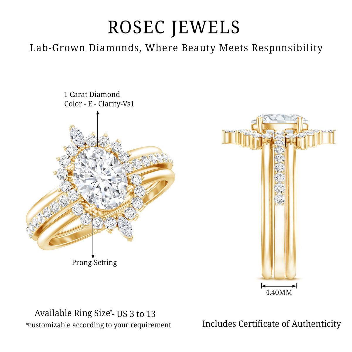 IGI Certified 1 Carat Oval Lab Grown Diamond Trio Wedding Ring Set Lab - ( E-VS1 ) - Rosec Jewels