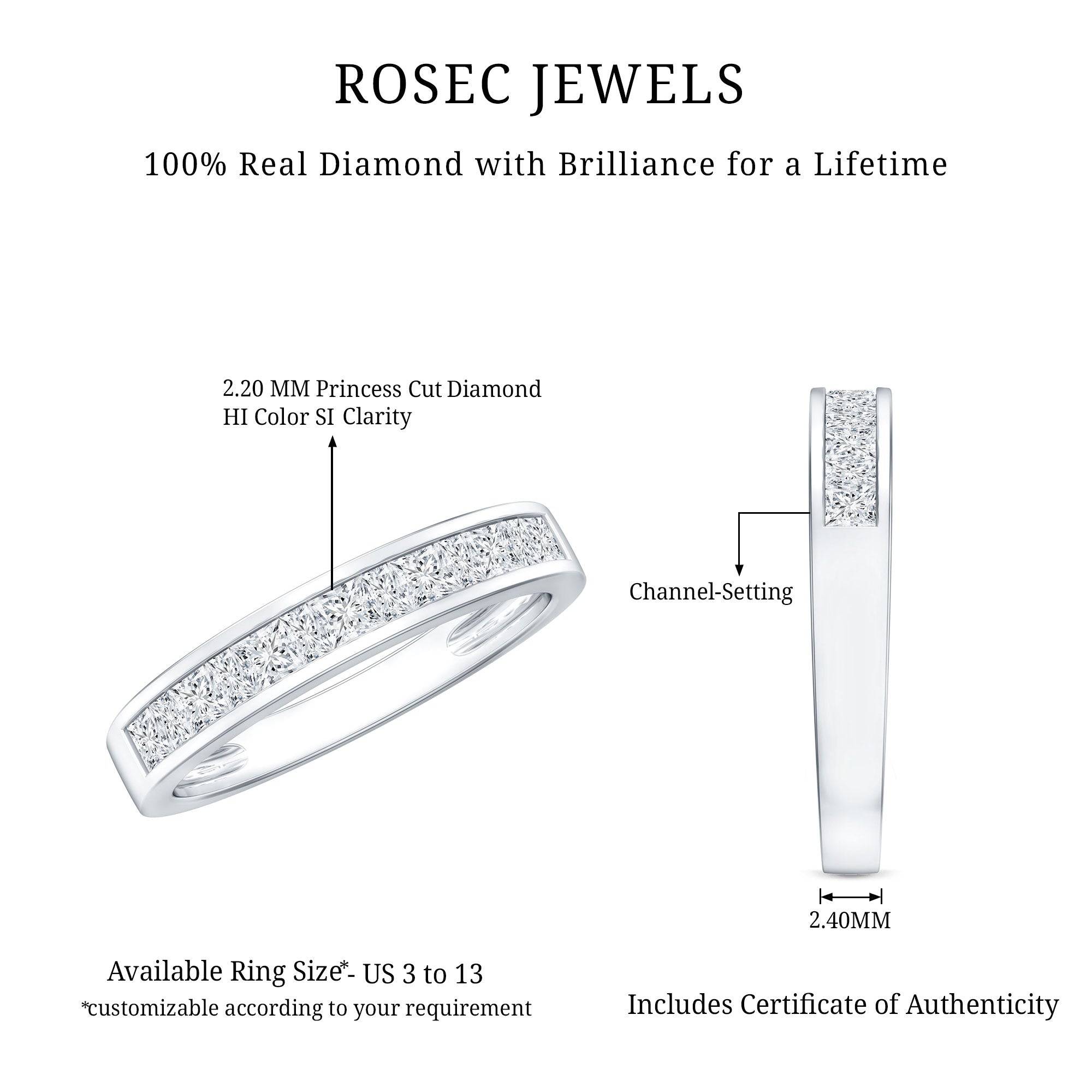Channel Set Diamond Half Eternity Band Ring Natural - ( HI-SI ) - Rosec Jewels