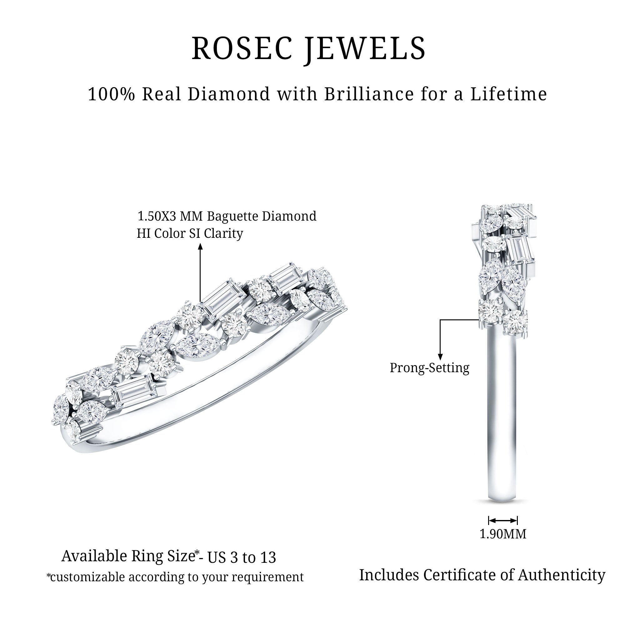Real Diamond Half Eternity Band Ring Natural - ( HI-SI ) - Rosec Jewels