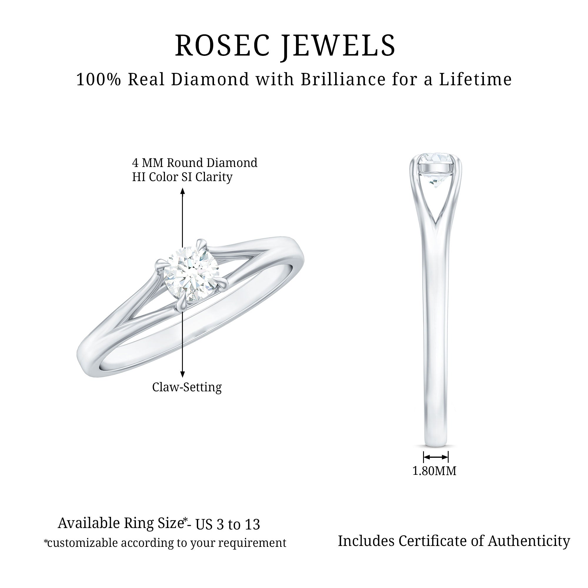 Certified Diamond Solitaire Ring in Claw Setting Natural - ( HI-SI ) - Rosec Jewels