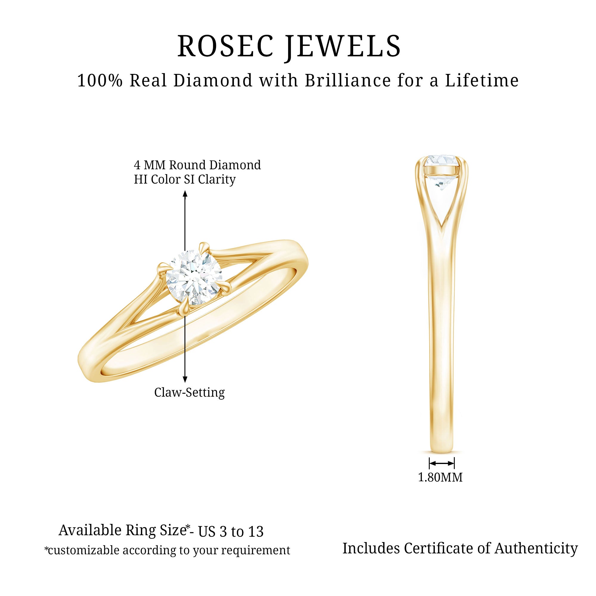 Certified Diamond Solitaire Ring in Claw Setting Natural - ( HI-SI ) - Rosec Jewels