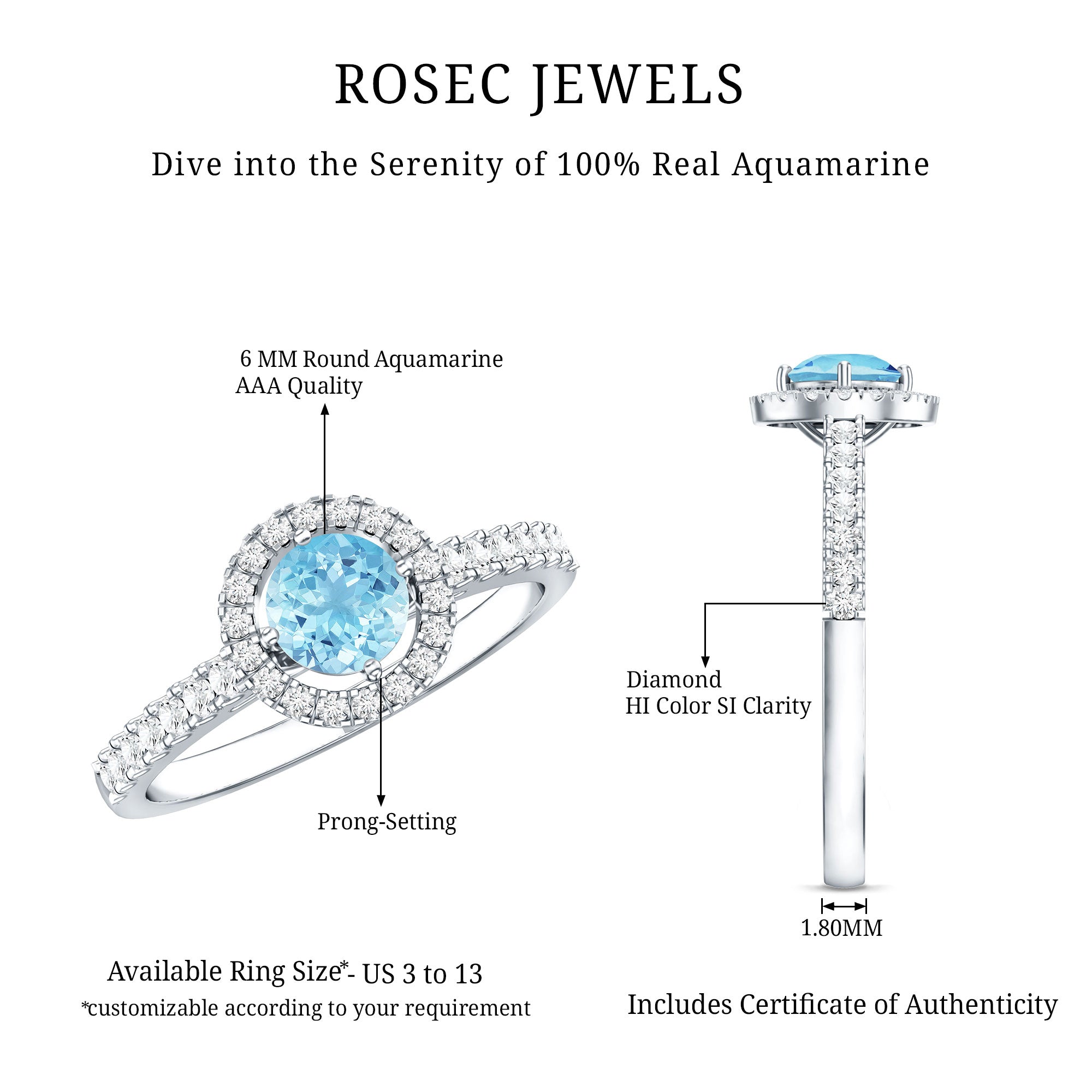 Certified Natural Aquamarine Engagement Ring with Diamond Halo AAA - Rosec Jewels