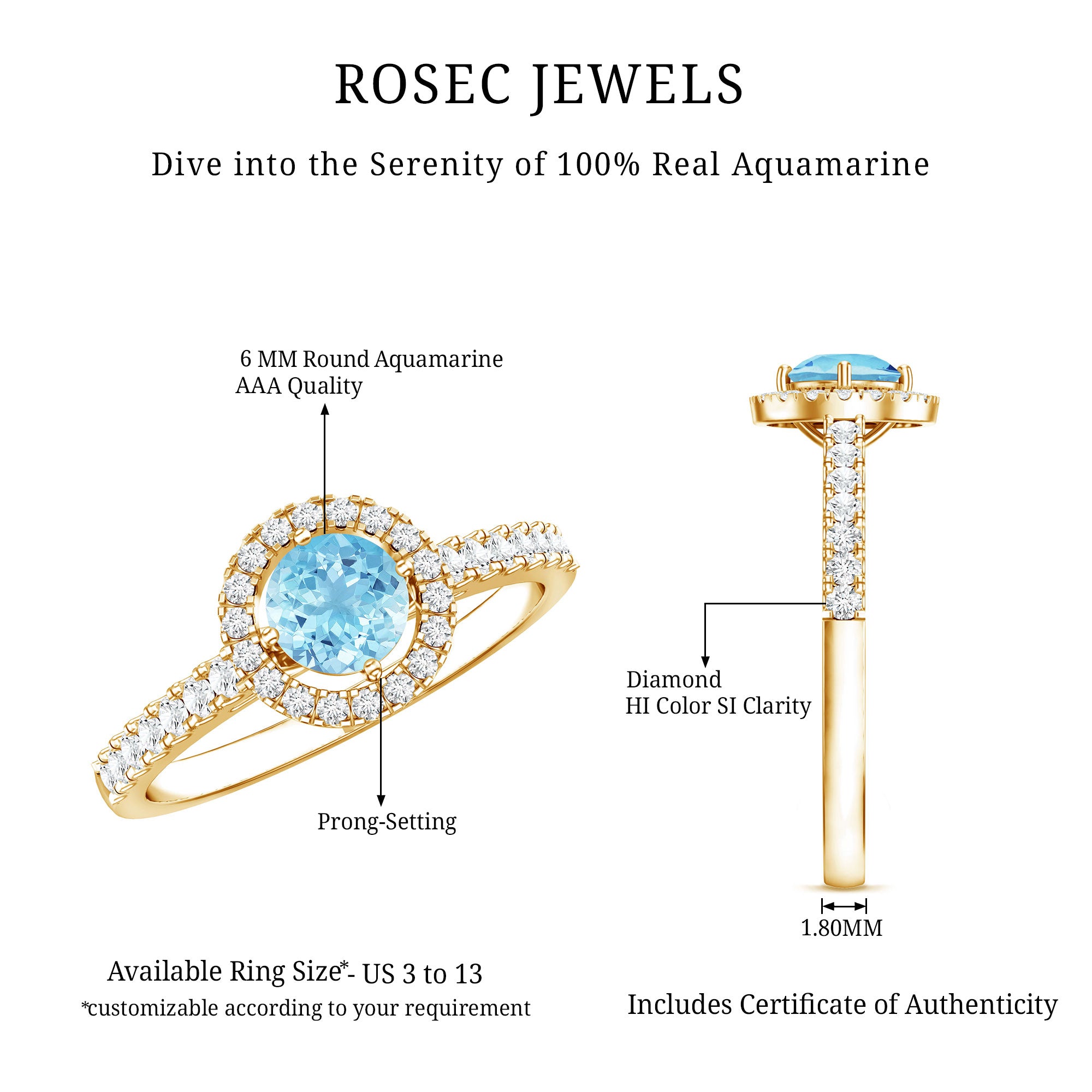Certified Natural Aquamarine Engagement Ring with Diamond Halo AAA - Rosec Jewels