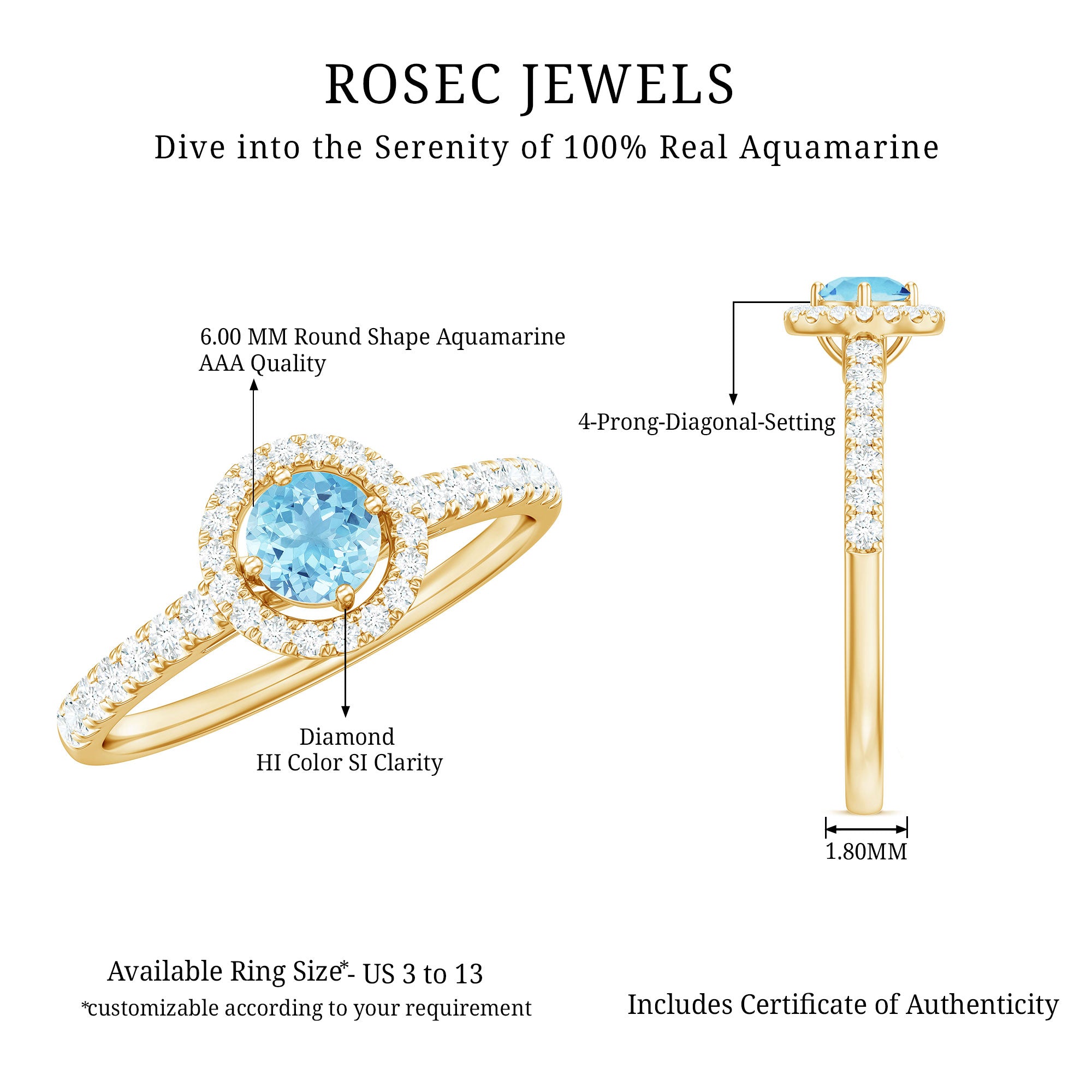 Certified Natural Aquamarine Engagement Ring with Diamond Halo AAA - Rosec Jewels