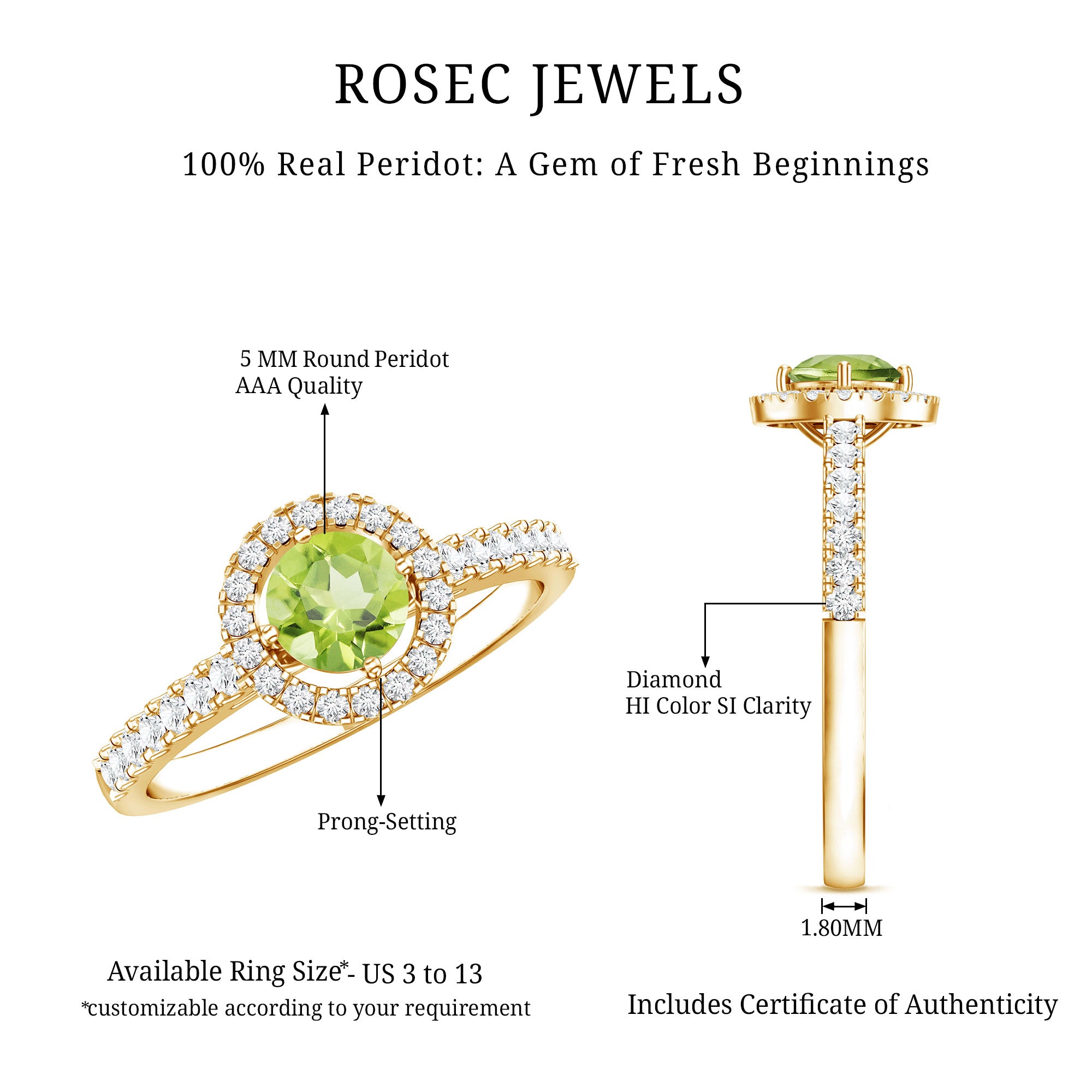 Genuine Half Carat Peridot Engagement Ring with Diamond Halo AAA - Rosec Jewels