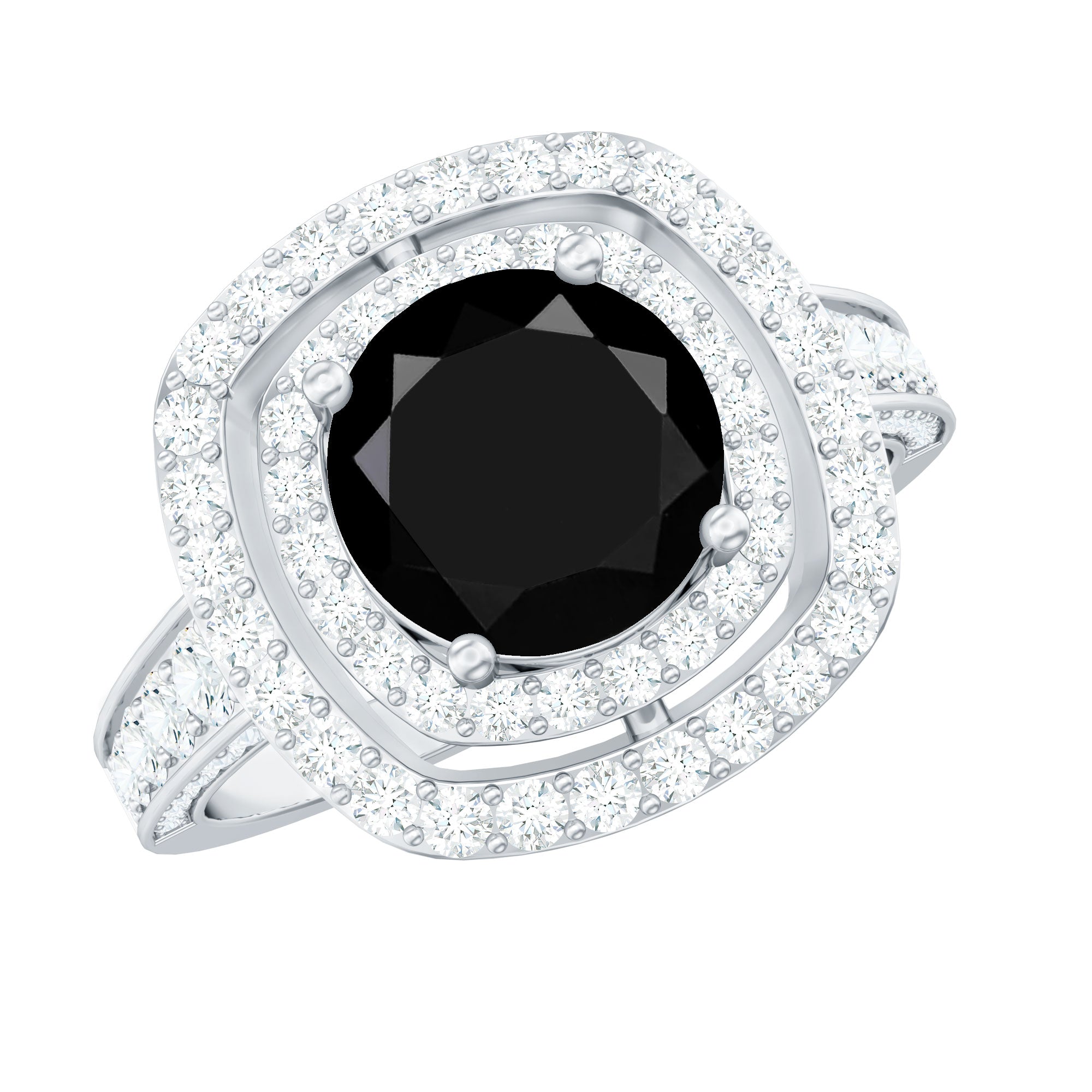 Lab Grown Black Diamond Double Halo Engagement Ring With Moissanite