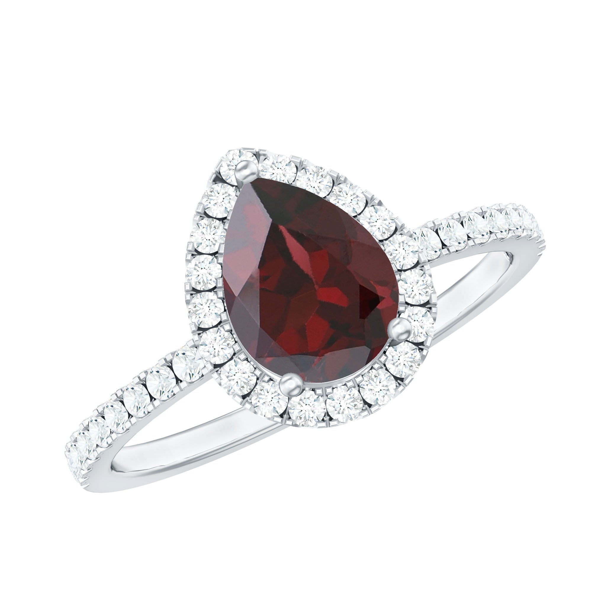 Genuine 5X7mm Garnet Pear Shaped Engagement Ring with Diamond Halo