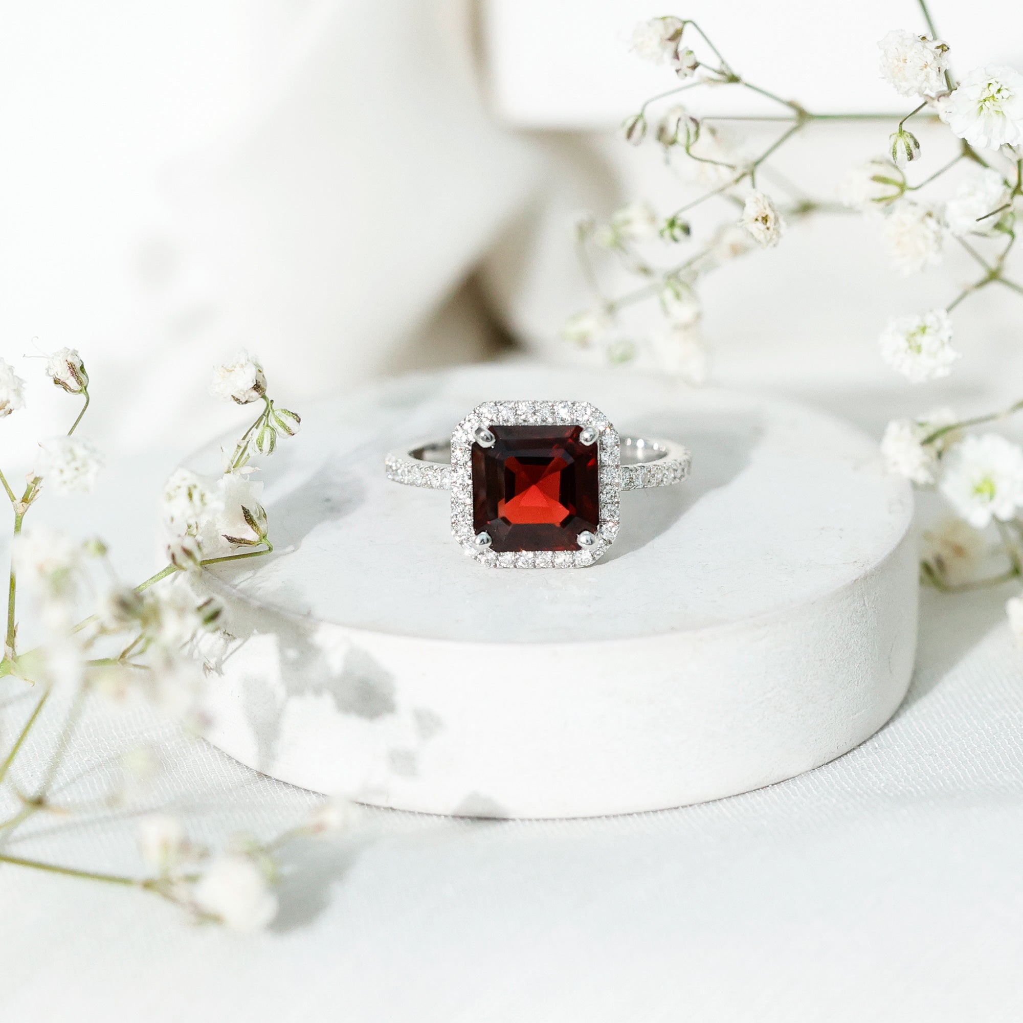 Natural 3.3 Carat Garnet Asscher Cut Engagement Ring with Diamond Halo AAA - Rosec Jewels