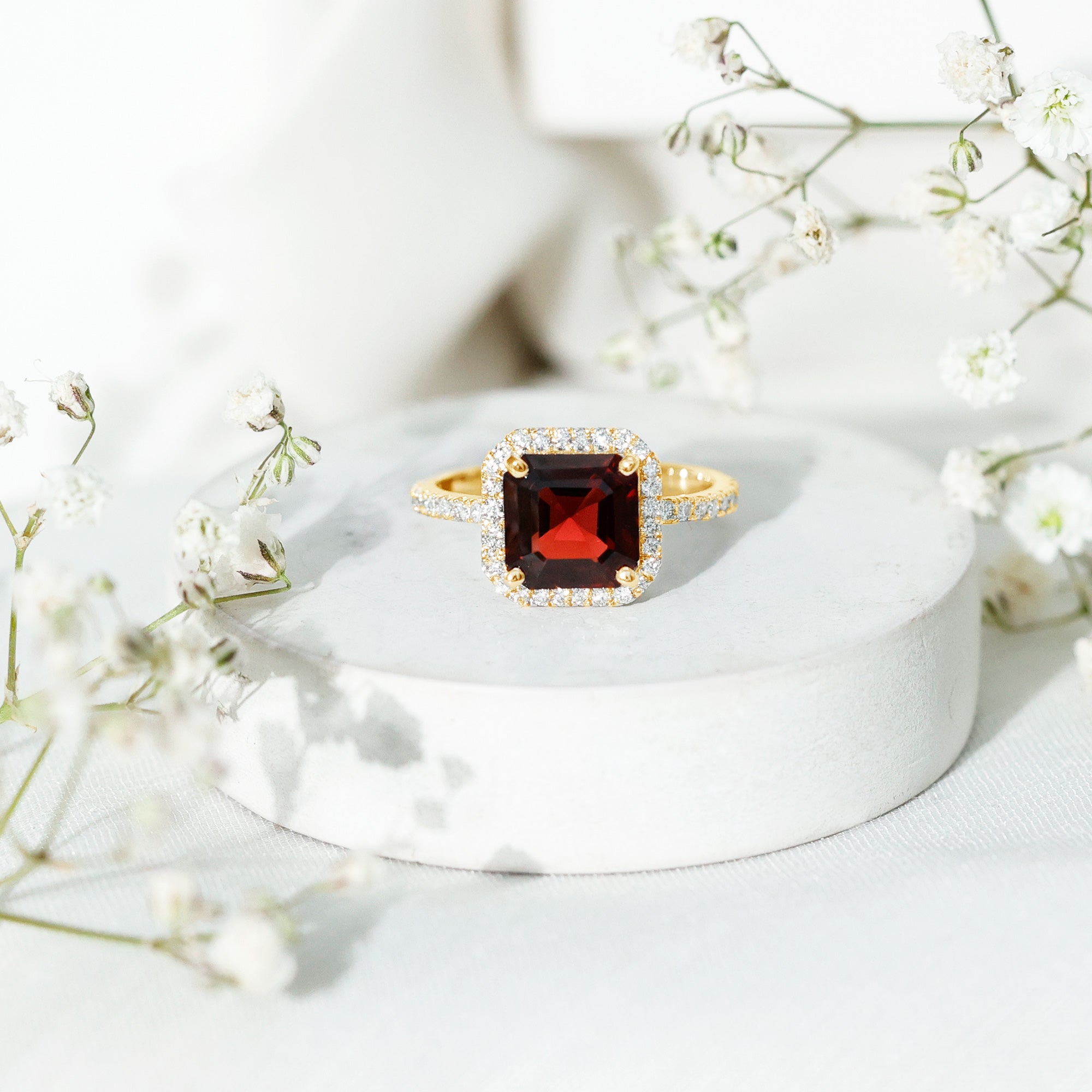 Natural 3.3 Carat Garnet Asscher Cut Engagement Ring with Diamond Halo AAA - Rosec Jewels