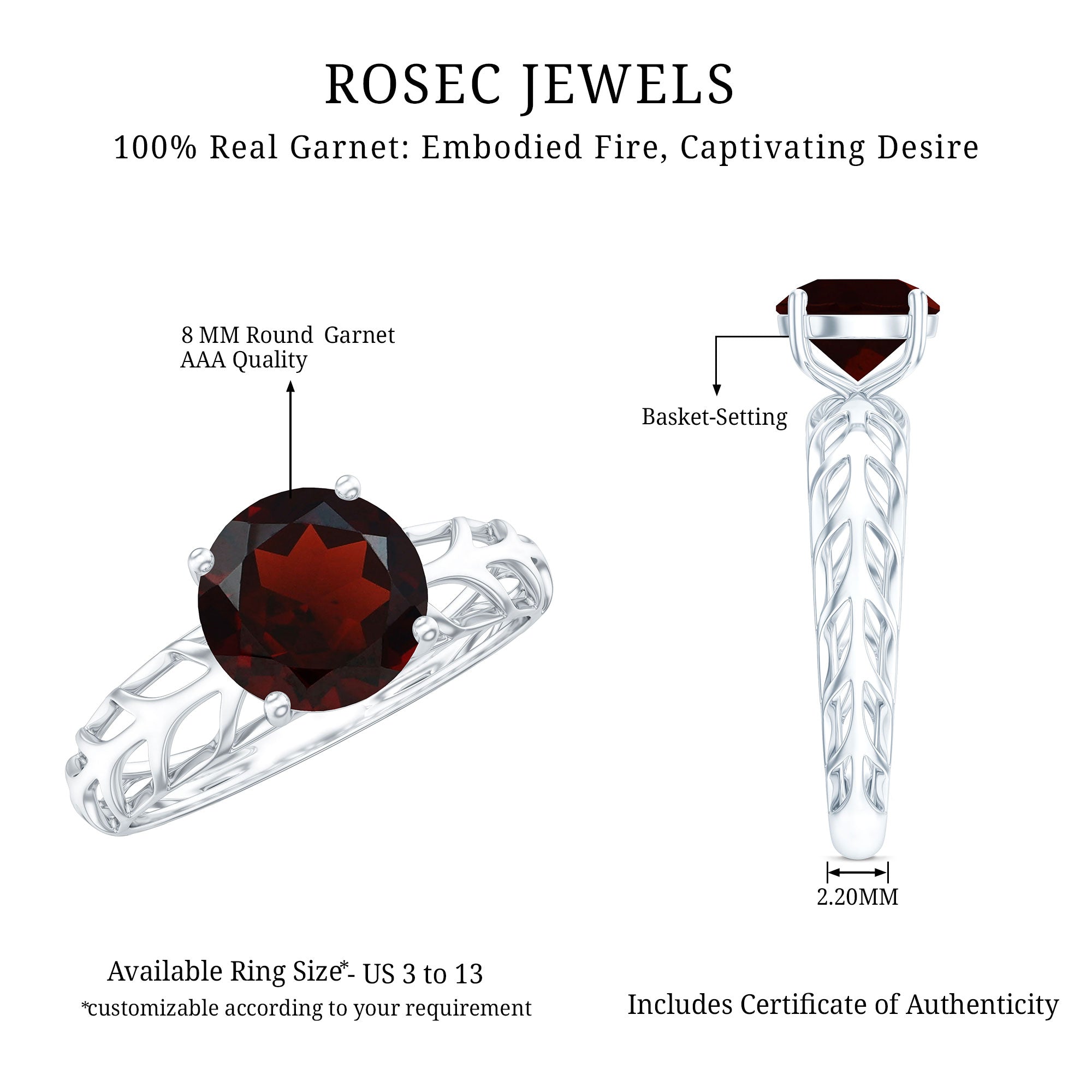 2.3 Carat Natural Garnet Filigree Engagement Ring with Certificate AAA - Rosec Jewels