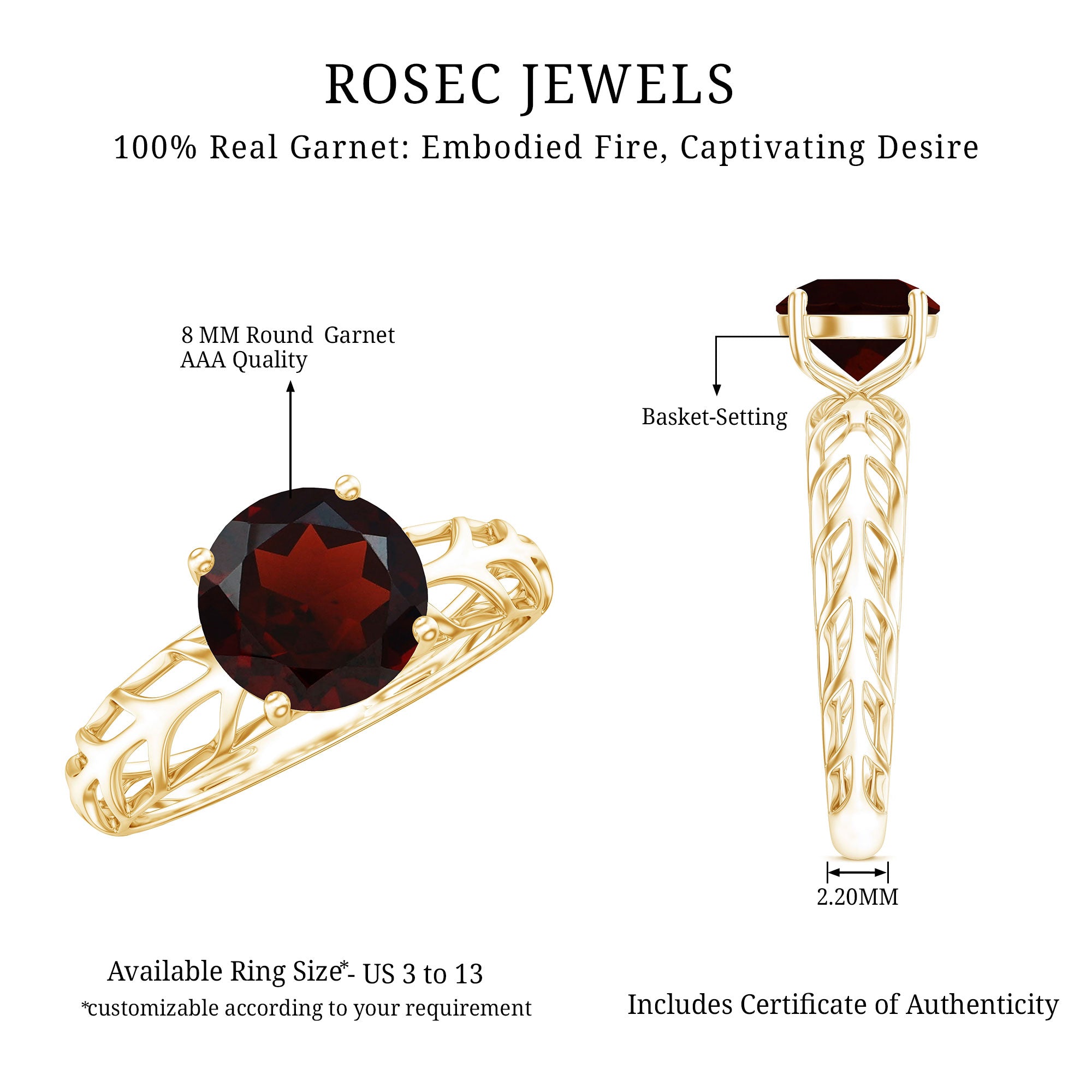 2.3 Carat Natural Garnet Filigree Engagement Ring with Certificate AAA - Rosec Jewels
