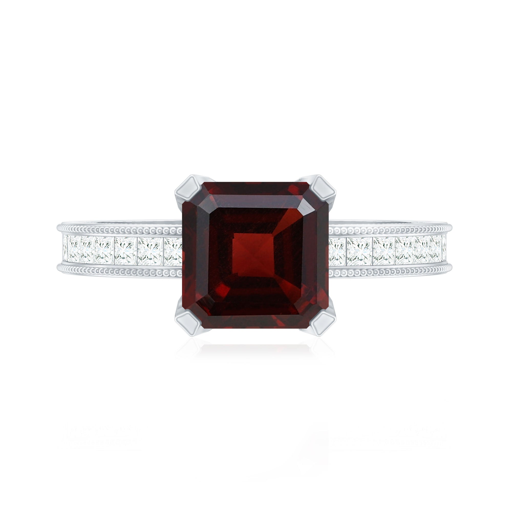 Rosec Jewels-Natural 8mm Asscher Cut Garnet Engagement Ring with Diamond Side Stones