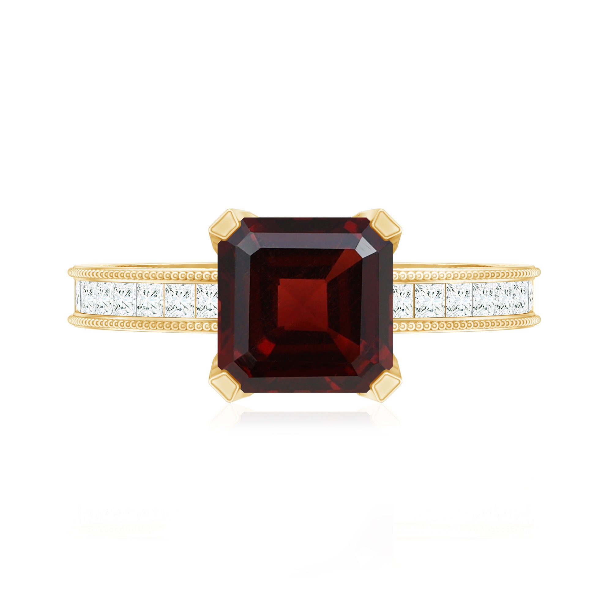 Rosec Jewels-Natural 8mm Asscher Cut Garnet Engagement Ring with Diamond Side Stones
