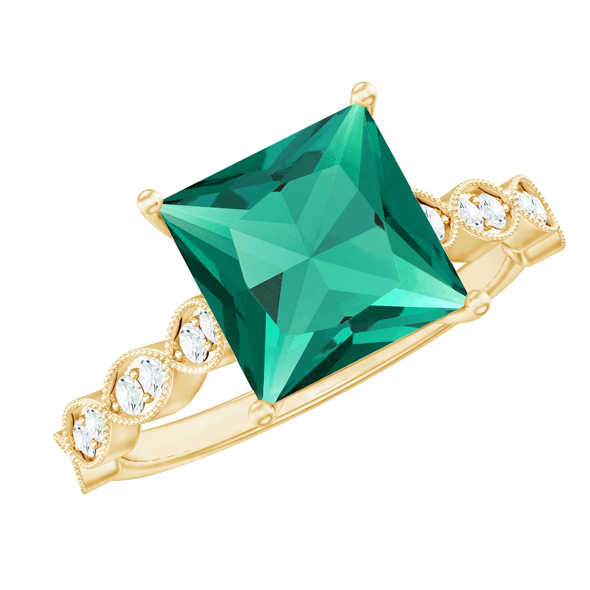 Certified 2.4 Carat Lab Grown Emerald Princess Cut Engagement Ring With Diamonds AAAA - Rosec Jewels