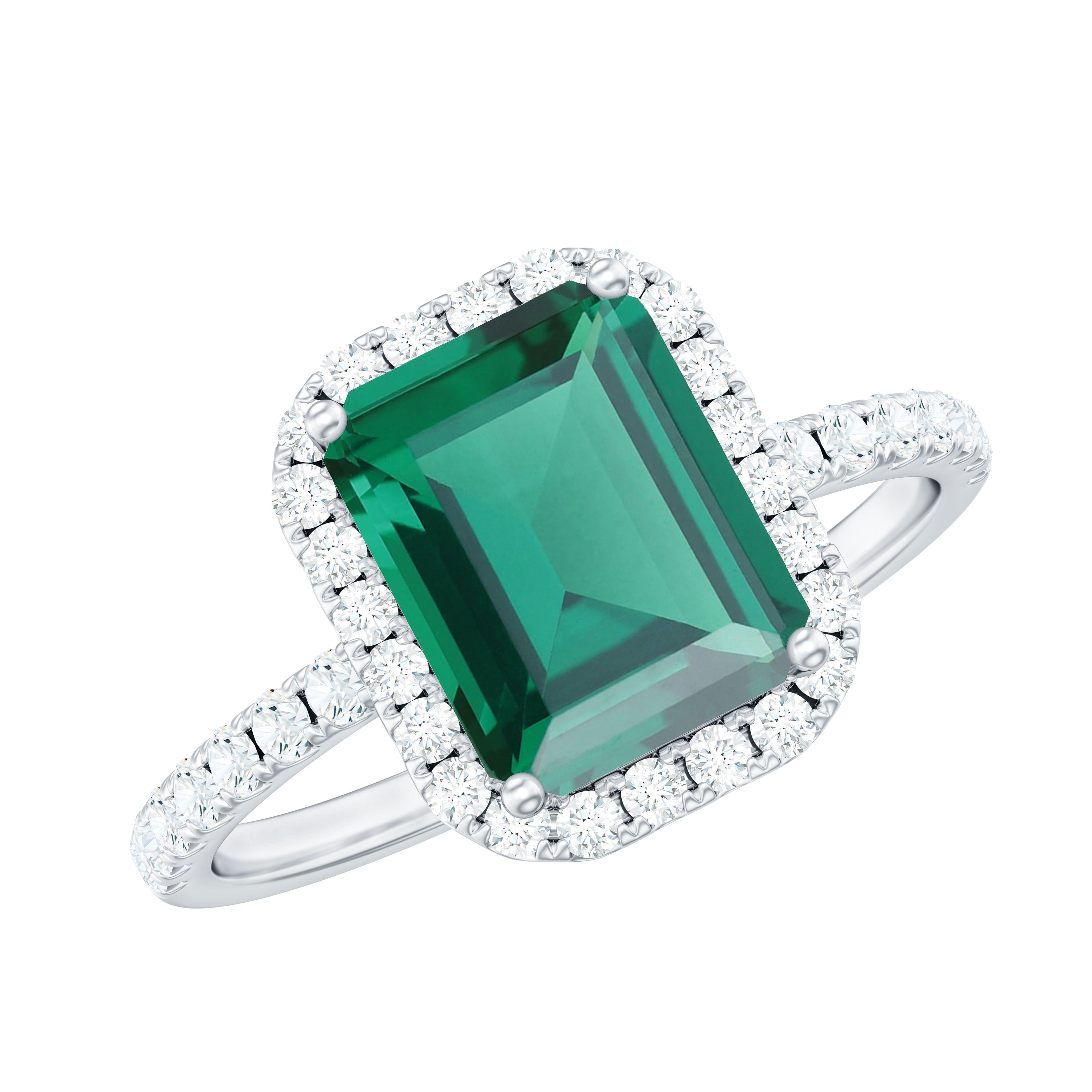 Octagon Cut Lab Grown Emerald Engagement Ring with Diamond