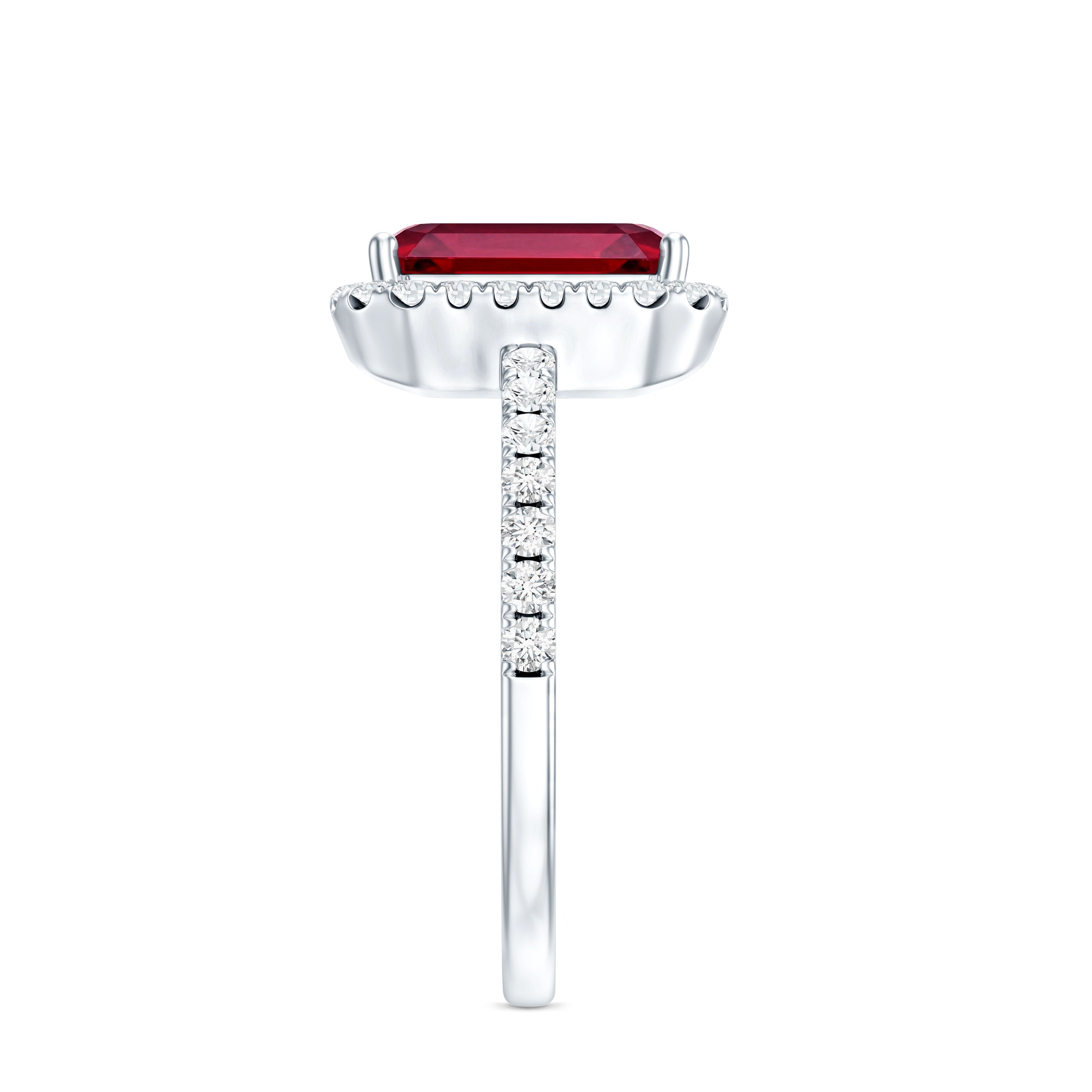 Lab Created Emerald Cut Ruby Engagement Ring with Diamond Halo AAAA - Rosec Jewels