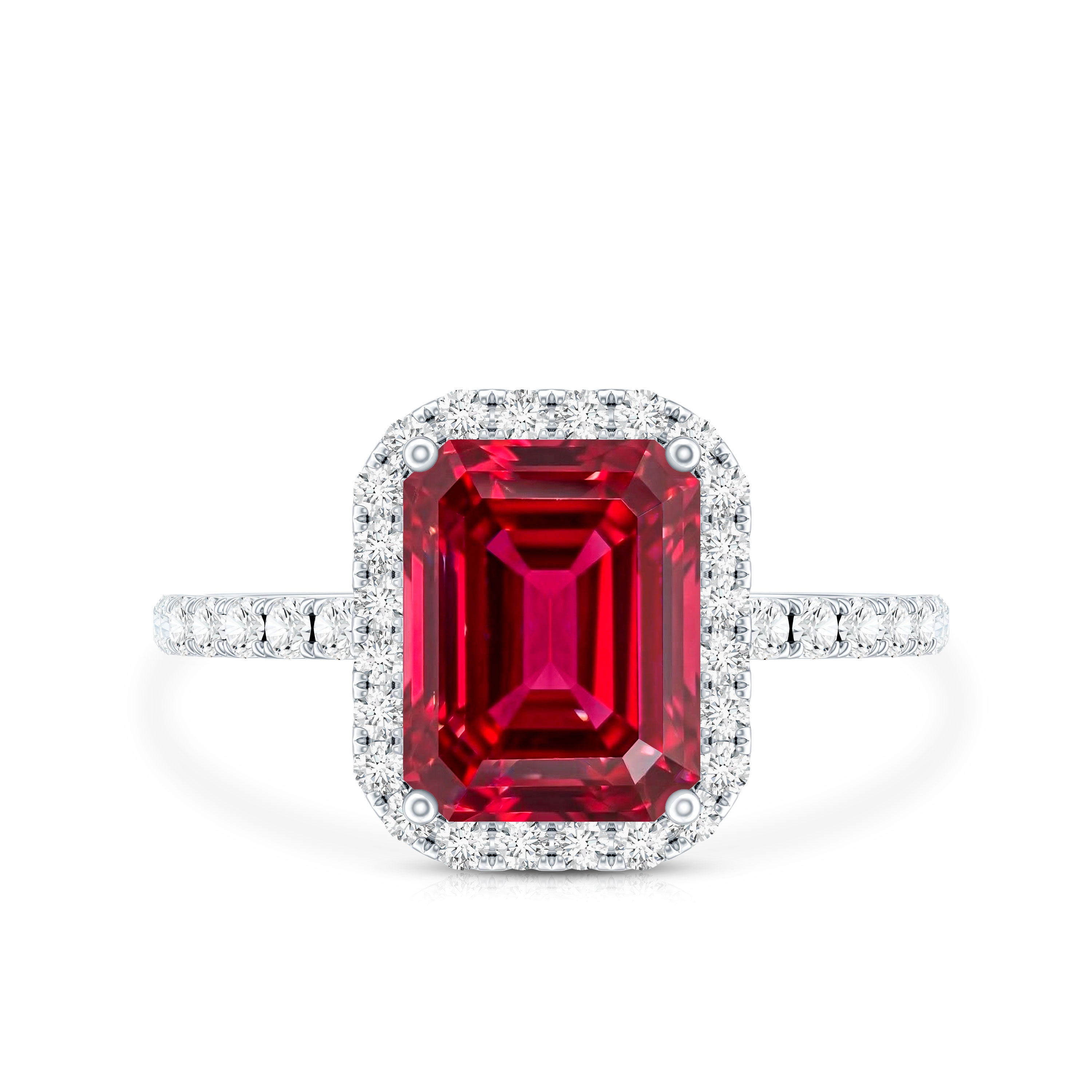 Lab Created Emerald Cut Ruby Engagement Ring with Diamond Halo AAAA - Rosec Jewels