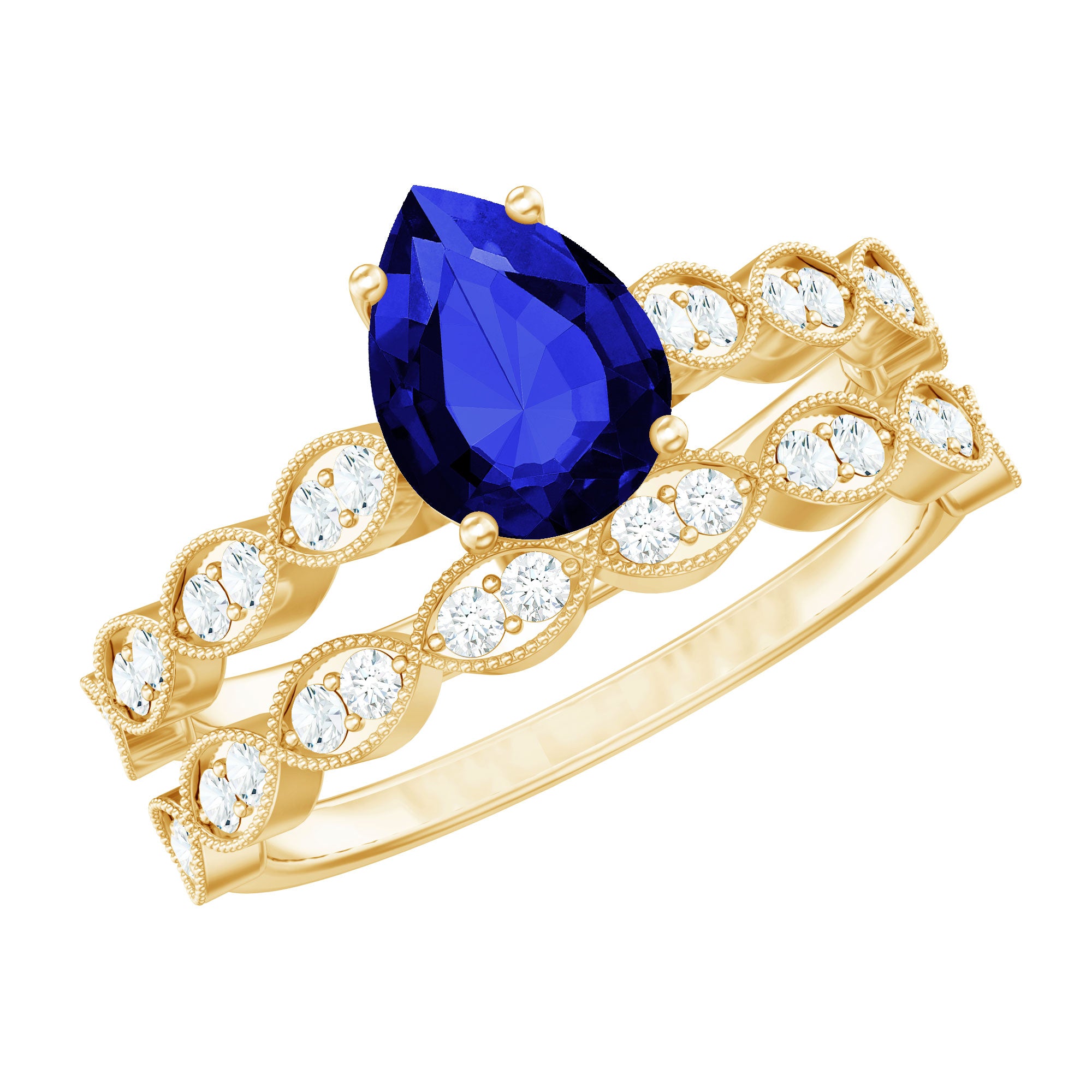 1.6 Carat Pear Lab Grown Blue Sapphire Engagement Ring with Diamond Band AAAA - Rosec Jewels