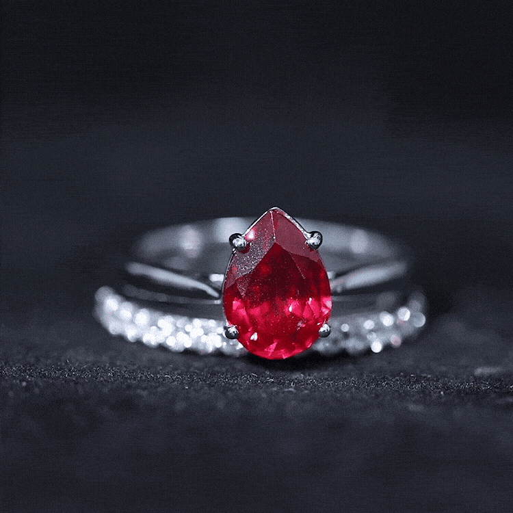 Rosec Jewels-Pear Shape Created Ruby Solitaire Wedding Ring Set with Moissanite