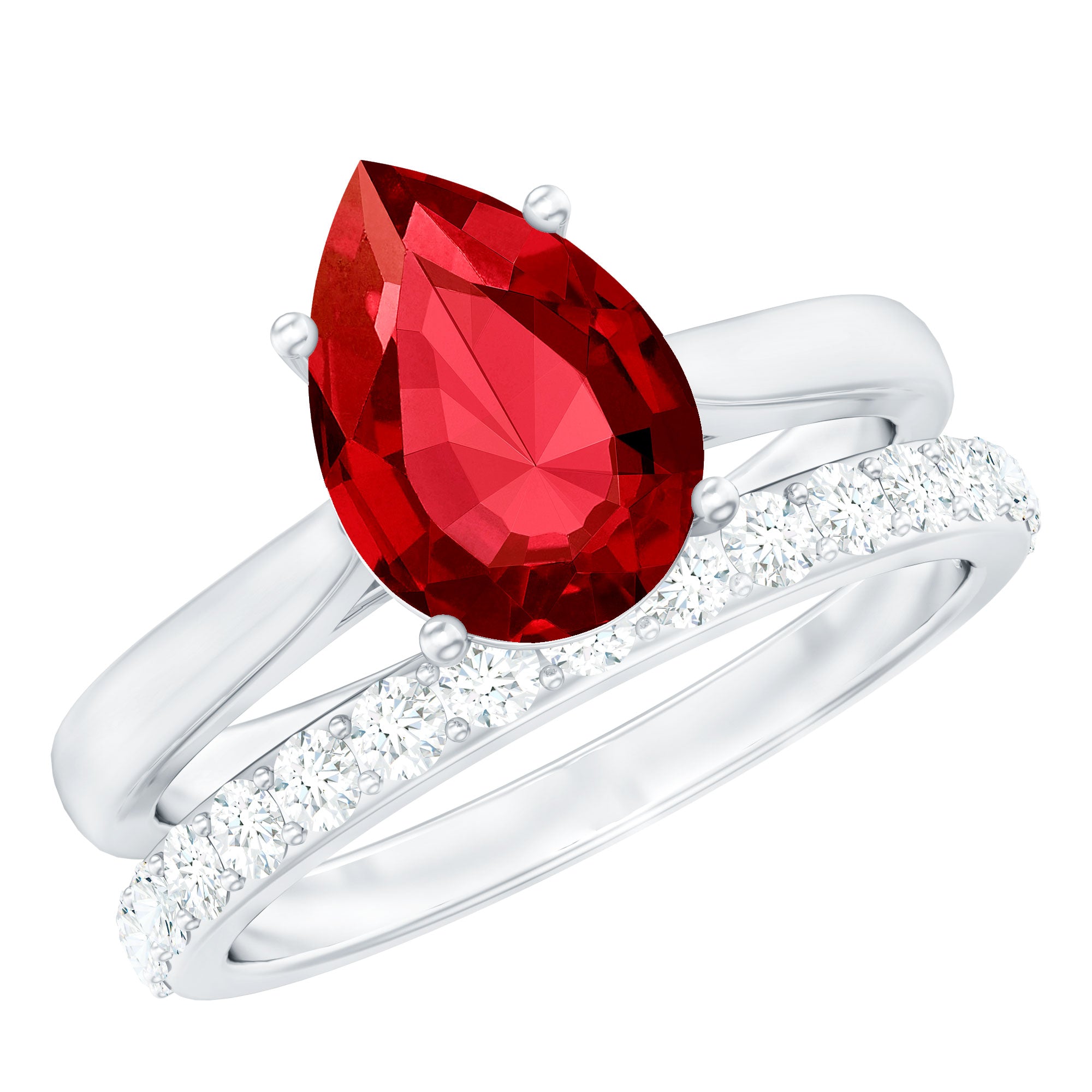 Pear Shape Created Ruby Solitaire Wedding Ring Set with Moissanite