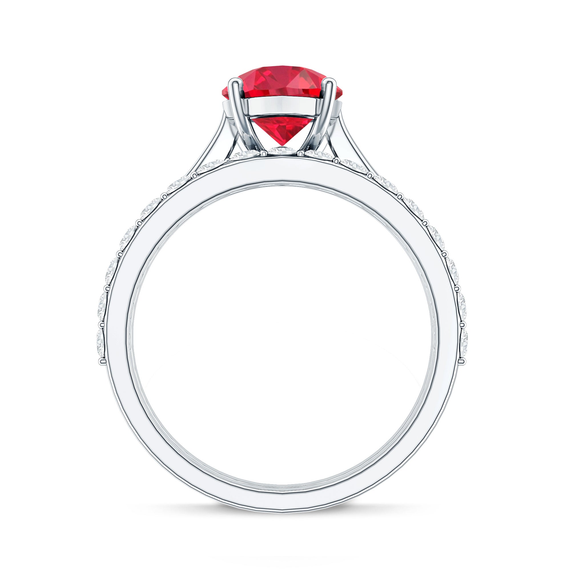Rosec Jewels-Pear Shape Created Ruby Solitaire Wedding Ring Set with Moissanite