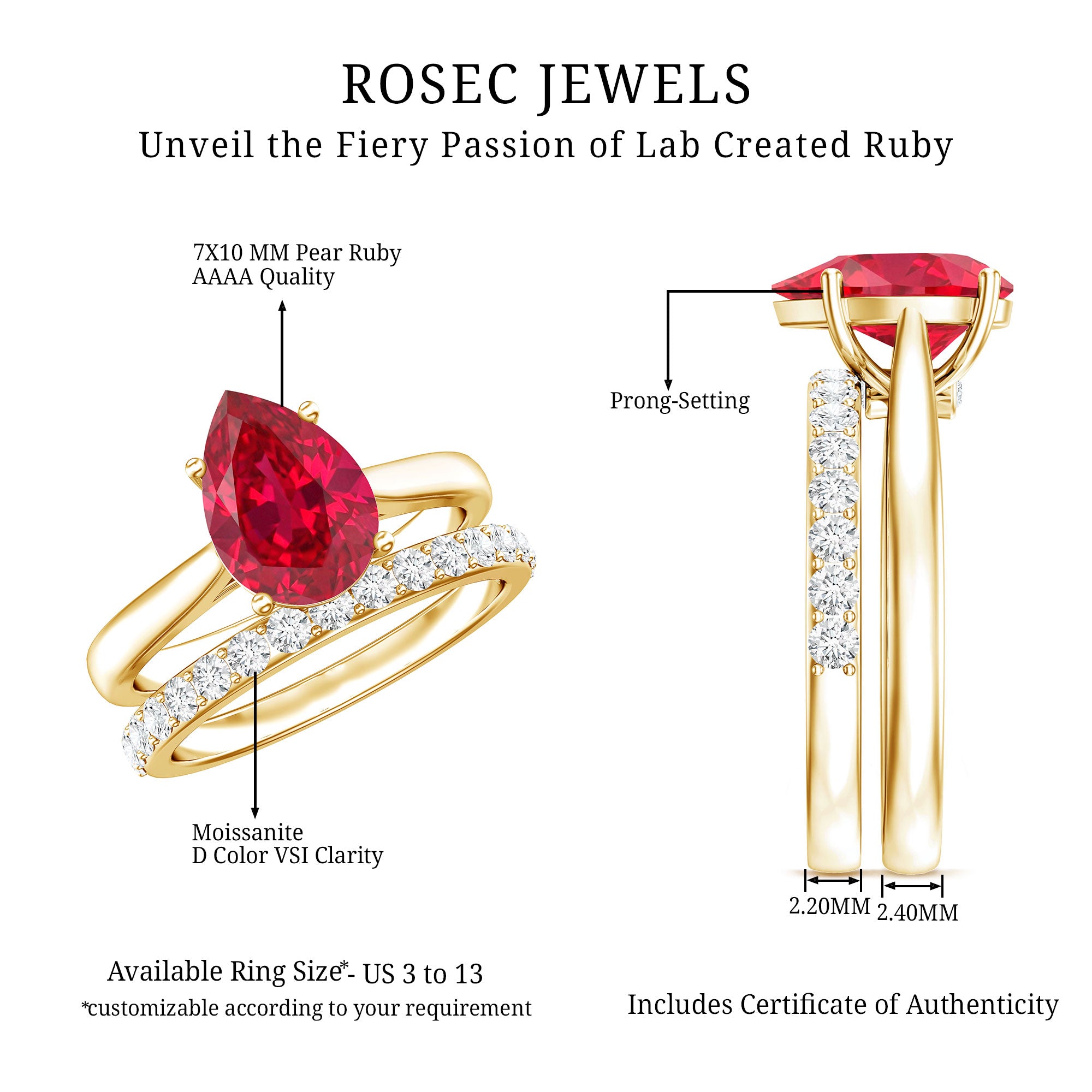 Rosec Jewels-Pear Shape Created Ruby Solitaire Wedding Ring Set with Moissanite