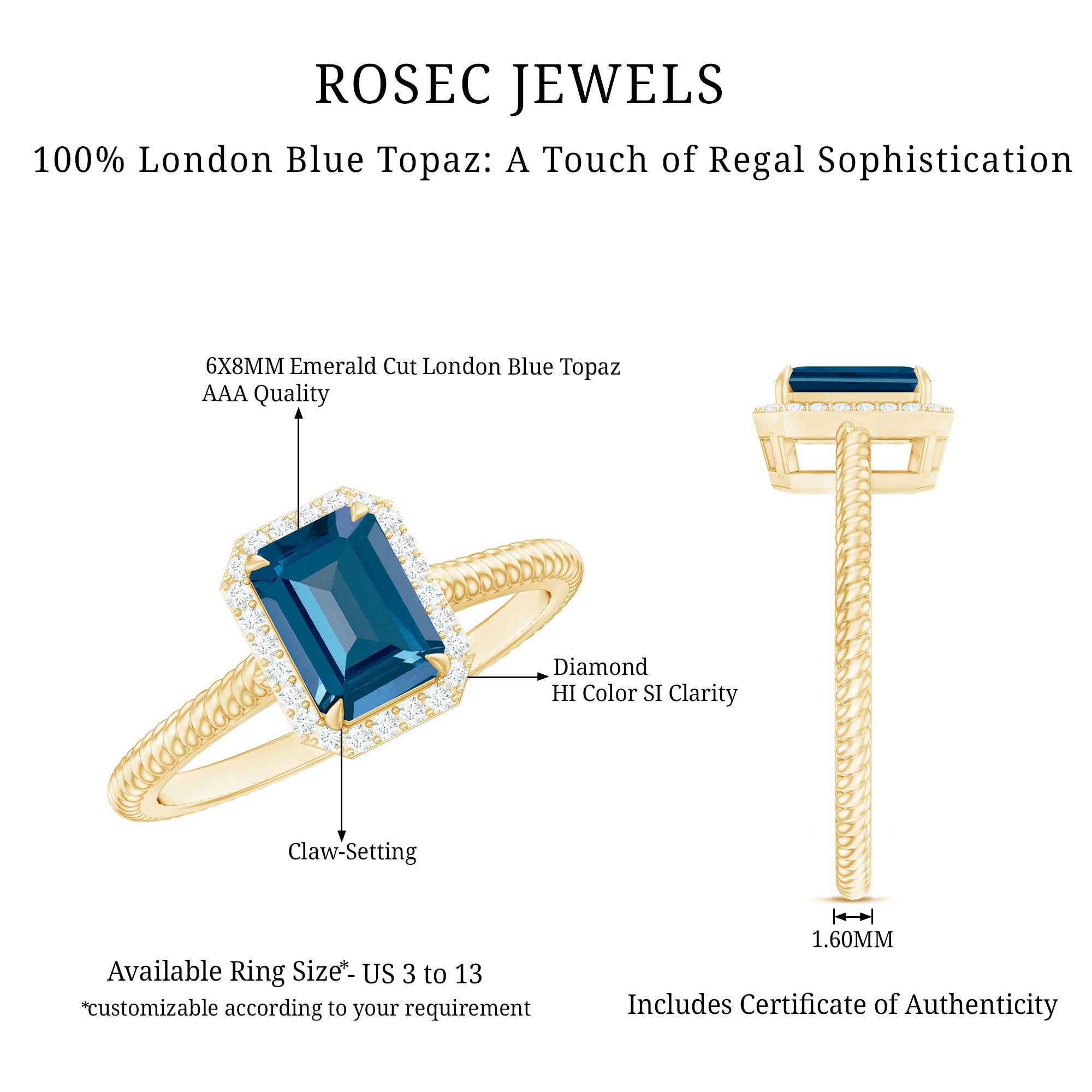 Rosec Jewels-Emerald Cut Blue Topaz Engagement Ring with Diamond Halo