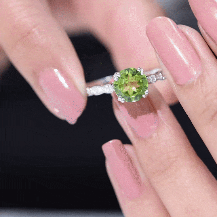 Real 2 Carat Peridot Solitaire Engagement Ring with Diamond Side Stones AAA - Rosec Jewels