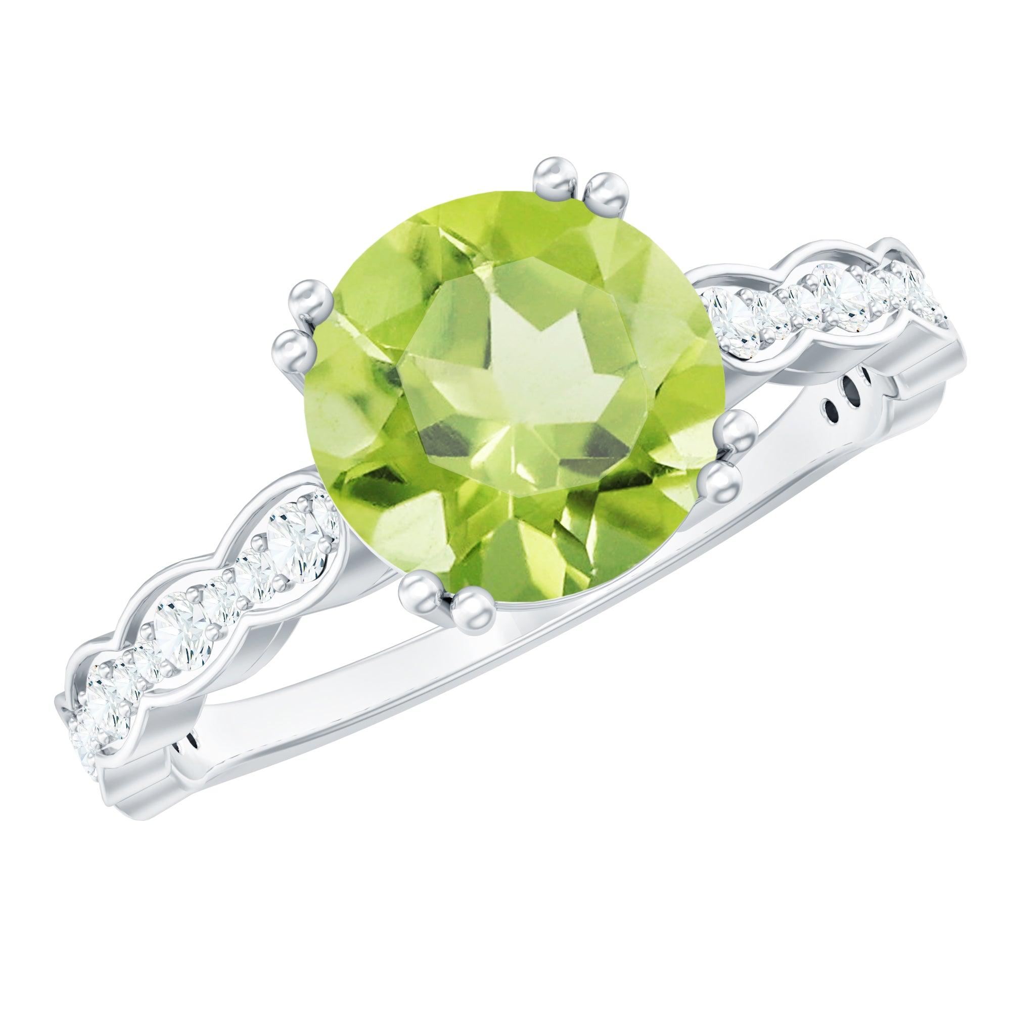 Real 2 Carat Peridot Solitaire Engagement Ring with Diamond Side Stones AAA - Rosec Jewels