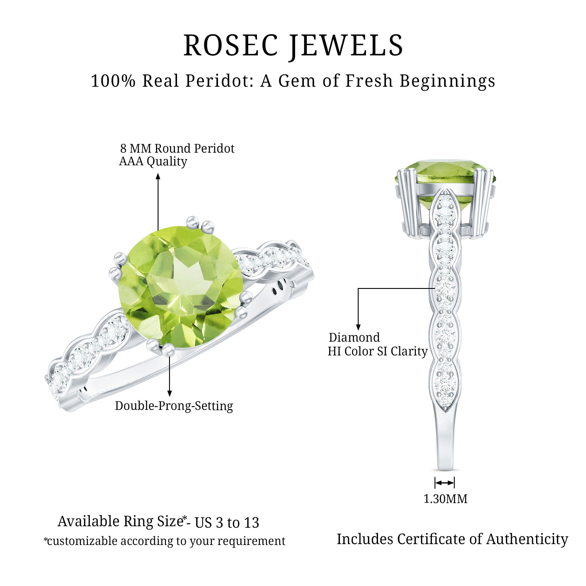 Real 2 Carat Peridot Solitaire Engagement Ring with Diamond Side Stones AAA - Rosec Jewels