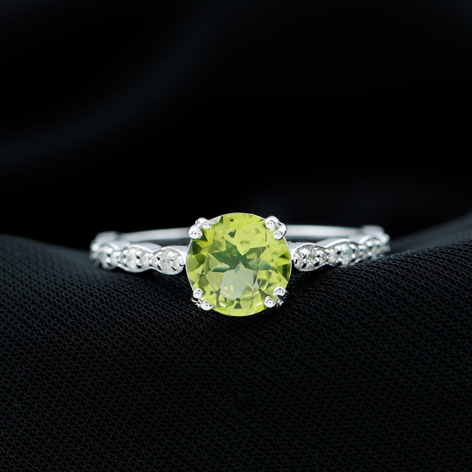 Real 2 Carat Peridot Solitaire Engagement Ring with Diamond Side Stones AAA - Rosec Jewels