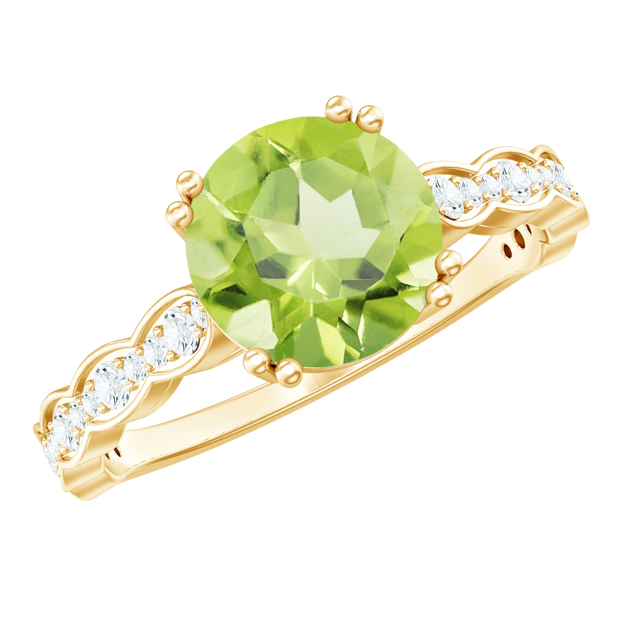 Real 2 Carat Peridot Solitaire Engagement Ring with Diamond Side Stones AAA - Rosec Jewels