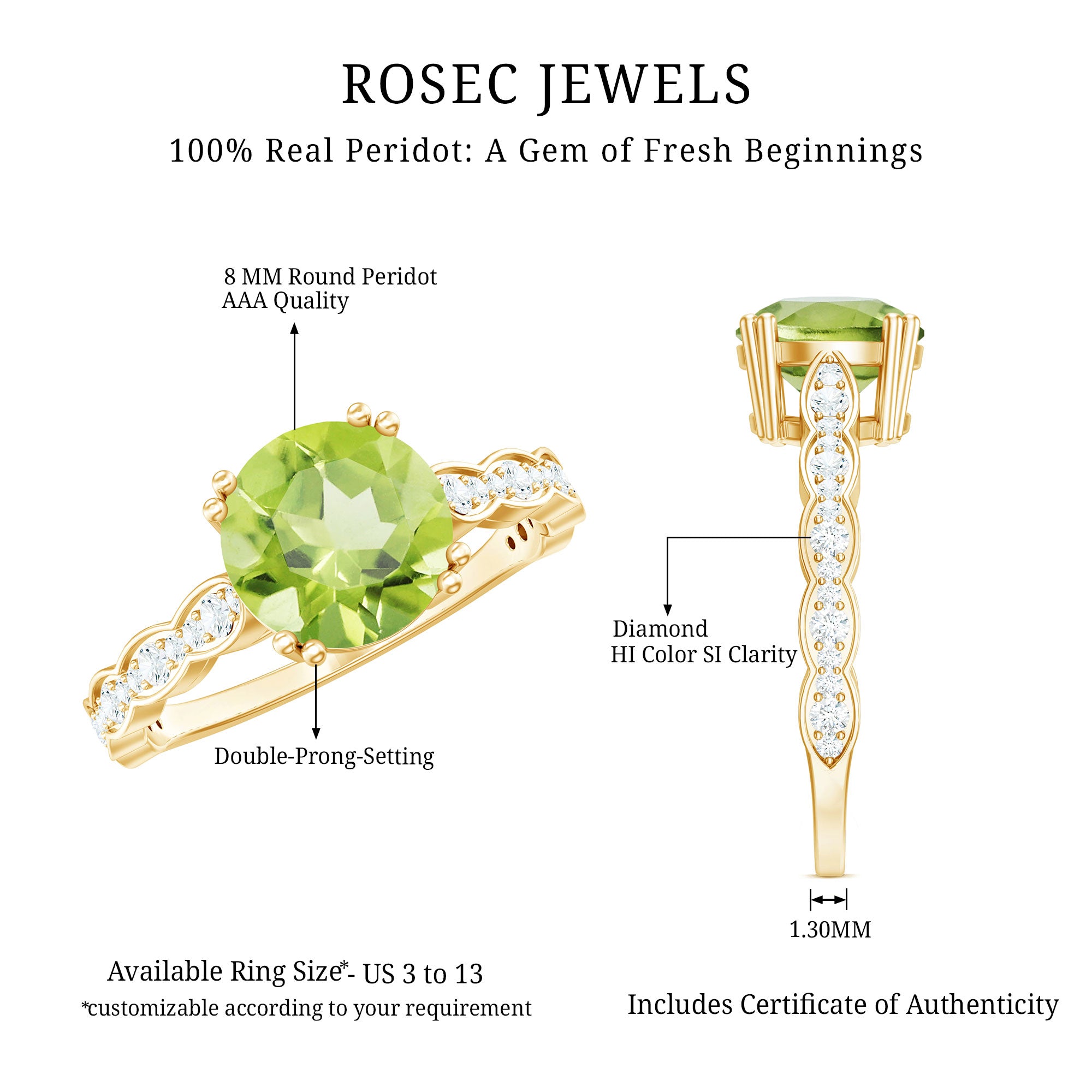 Real 2 Carat Peridot Solitaire Engagement Ring with Diamond Side Stones AAA - Rosec Jewels