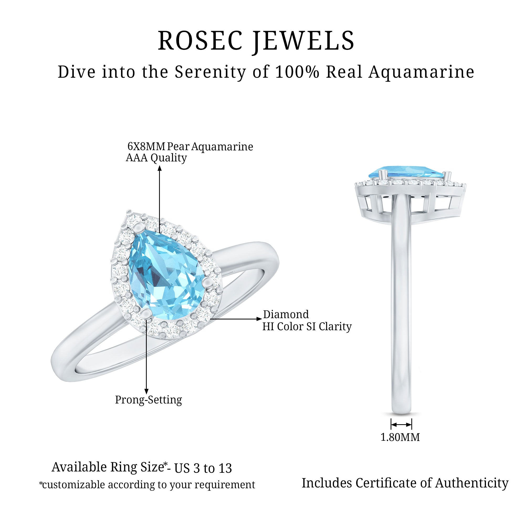 1 Carat Pear Cut Aquamarine Engagement Ring with Diamond Halo AAA - Rosec Jewels