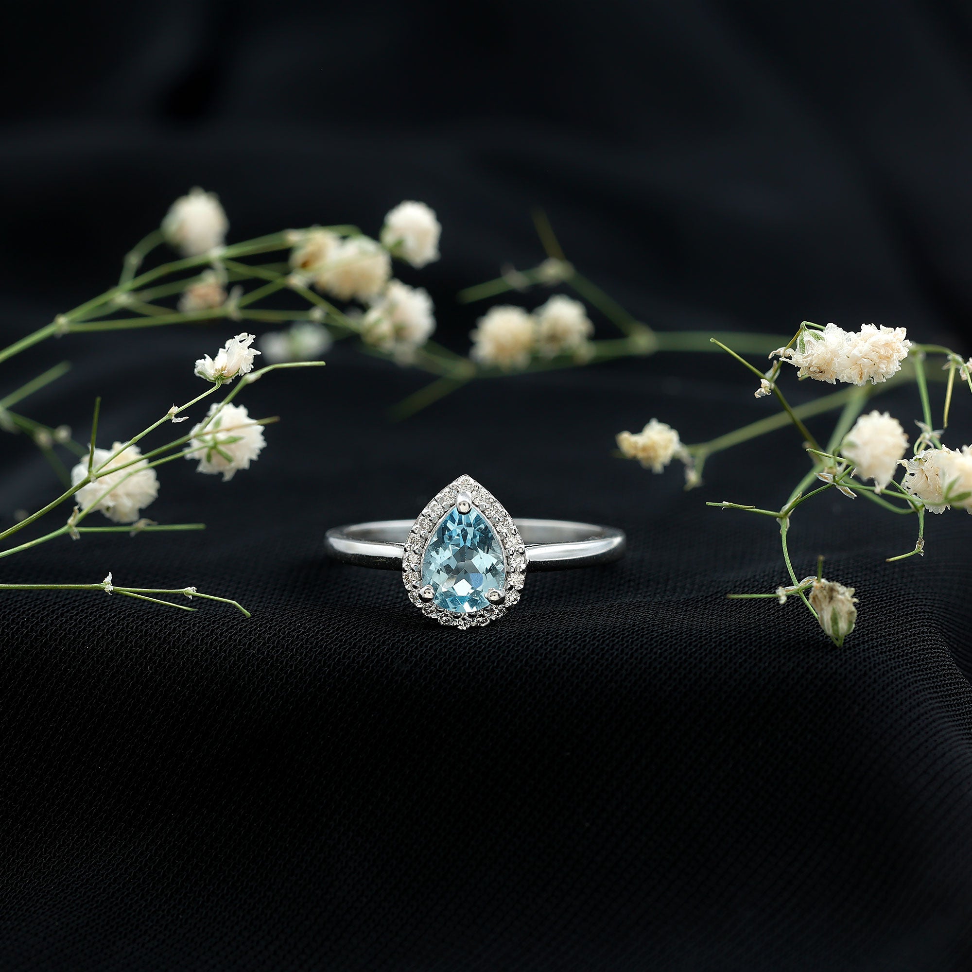 1 Carat Pear Cut Aquamarine Engagement Ring with Diamond Halo AAA - Rosec Jewels