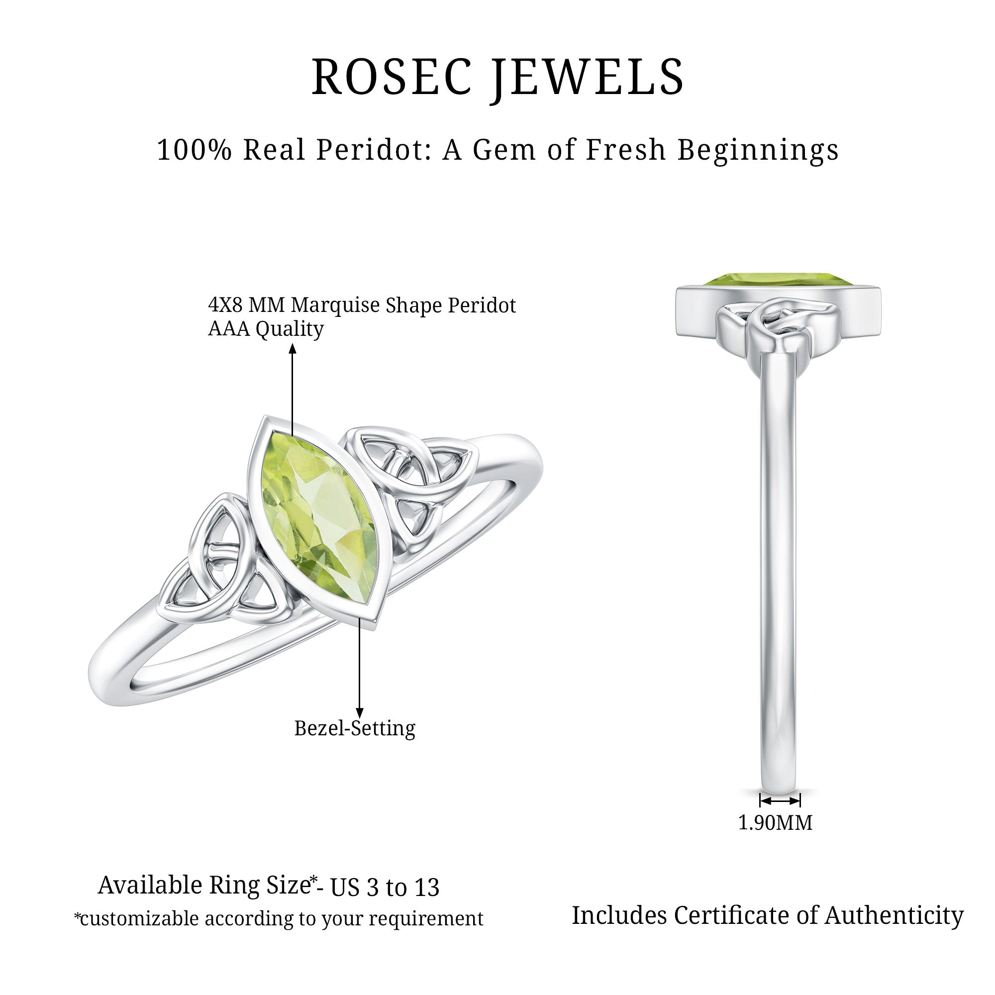 Natural 0.7 Carat Marquise Peridot Promise Ring with Celtic Knot AAA - Rosec Jewels