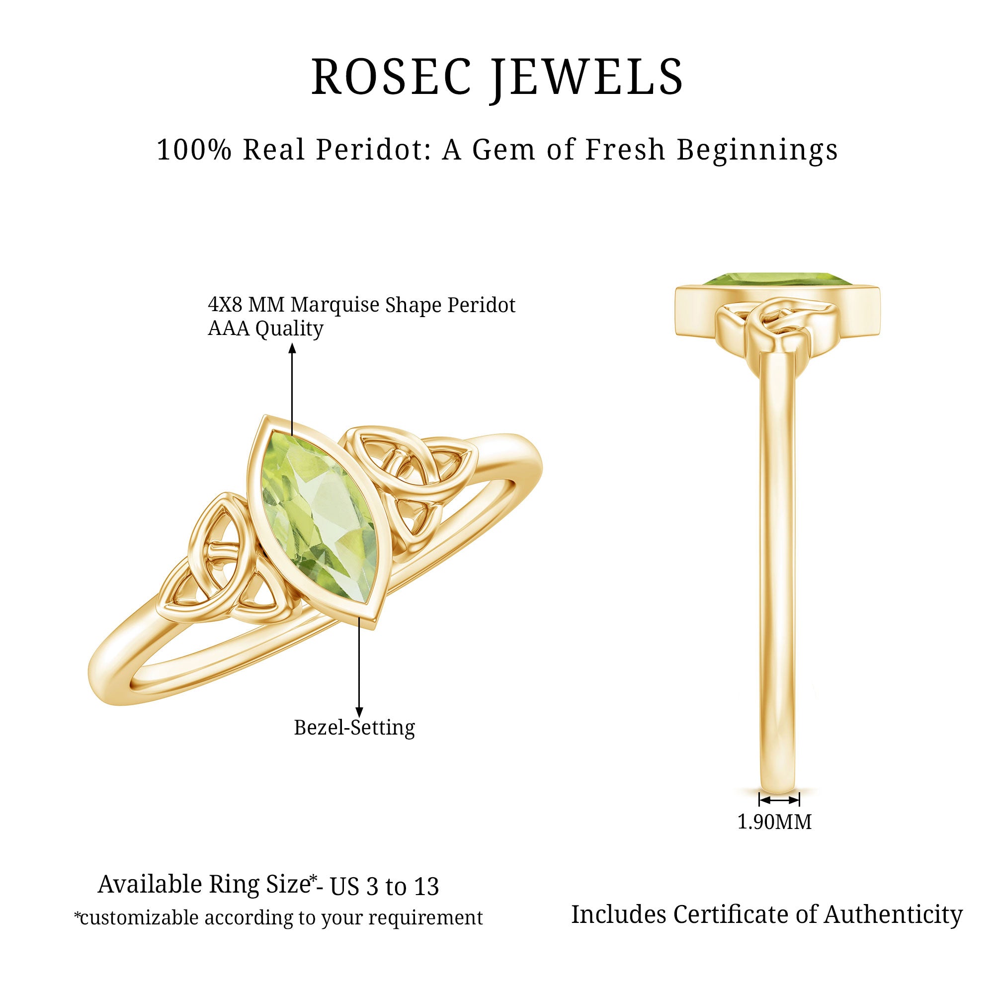 Natural 0.7 Carat Marquise Peridot Promise Ring with Celtic Knot AAA - Rosec Jewels